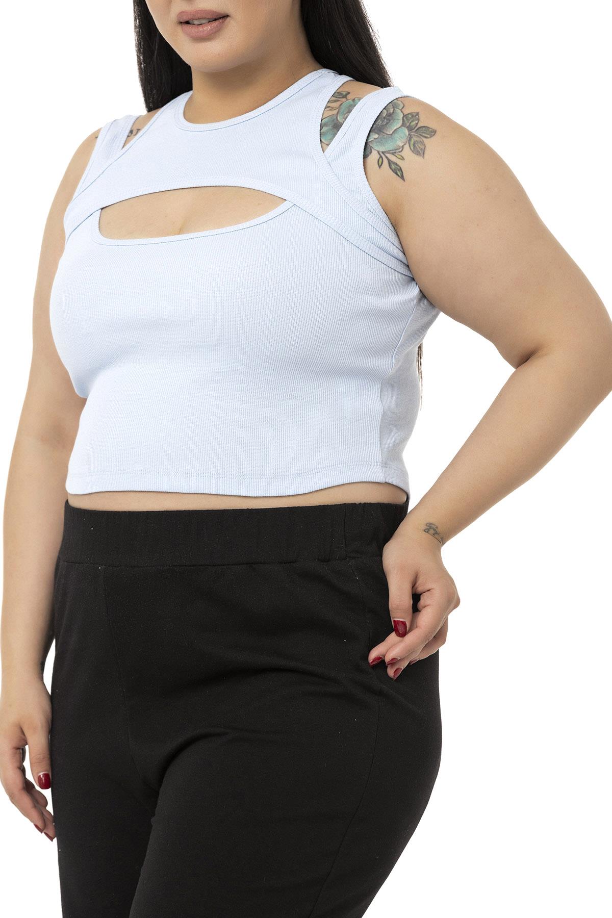 Büyük Beden Göğüs Dekolteli Fitilli Kaşkorse Bebe Mavi Body