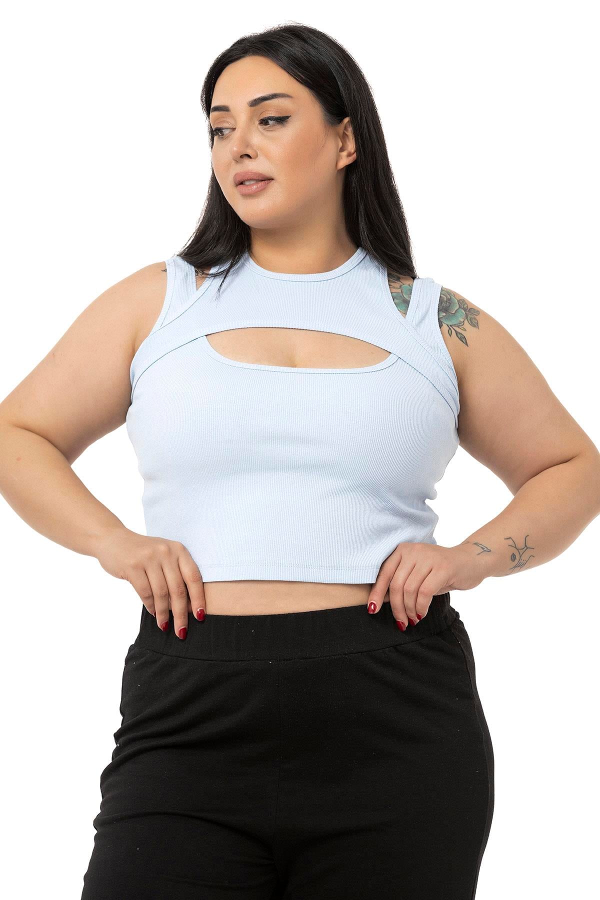 Büyük Beden Göğüs Dekolteli Fitilli Kaşkorse Bebe Mavi Body