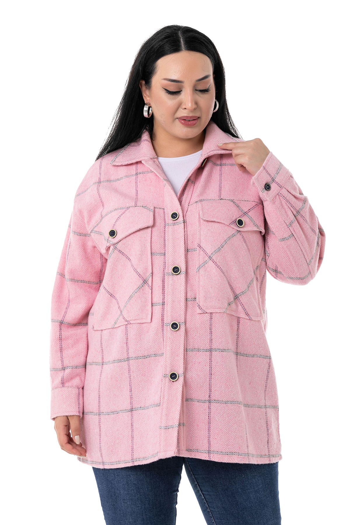 Büyük Beden Göğüste Büyük Cep Detaylı Balıksırtı Dokuma Pembe Ceket Gömlek