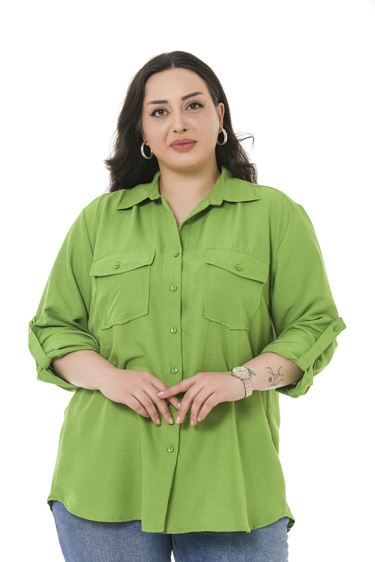Büyük Beden Gömlek Yaka Göğüsten Çift Cepli Fıstık Yeşili Gömlek