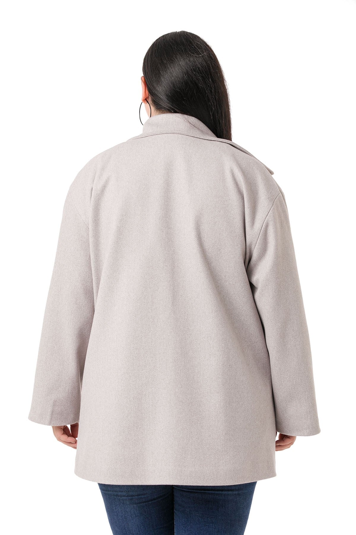 Plus Size Shirt Collar Covered Pockets Lined Gray Stitched Overcoat