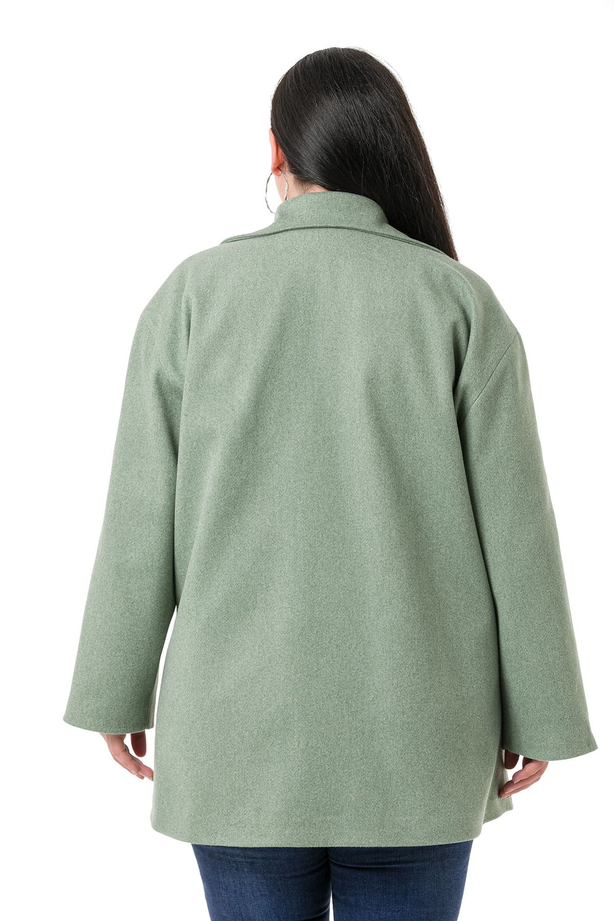 Plus Size Shirt Collar Covered Pockets Lined Green Stitched Overcoat