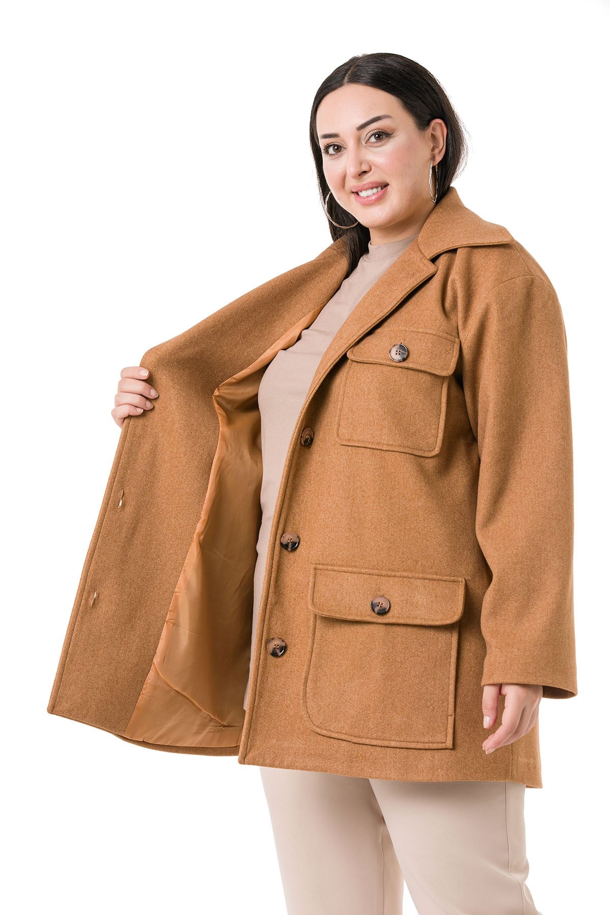 Plus Size Shirt Collar Covered Pockets Lined Amber Stitched Overcoat