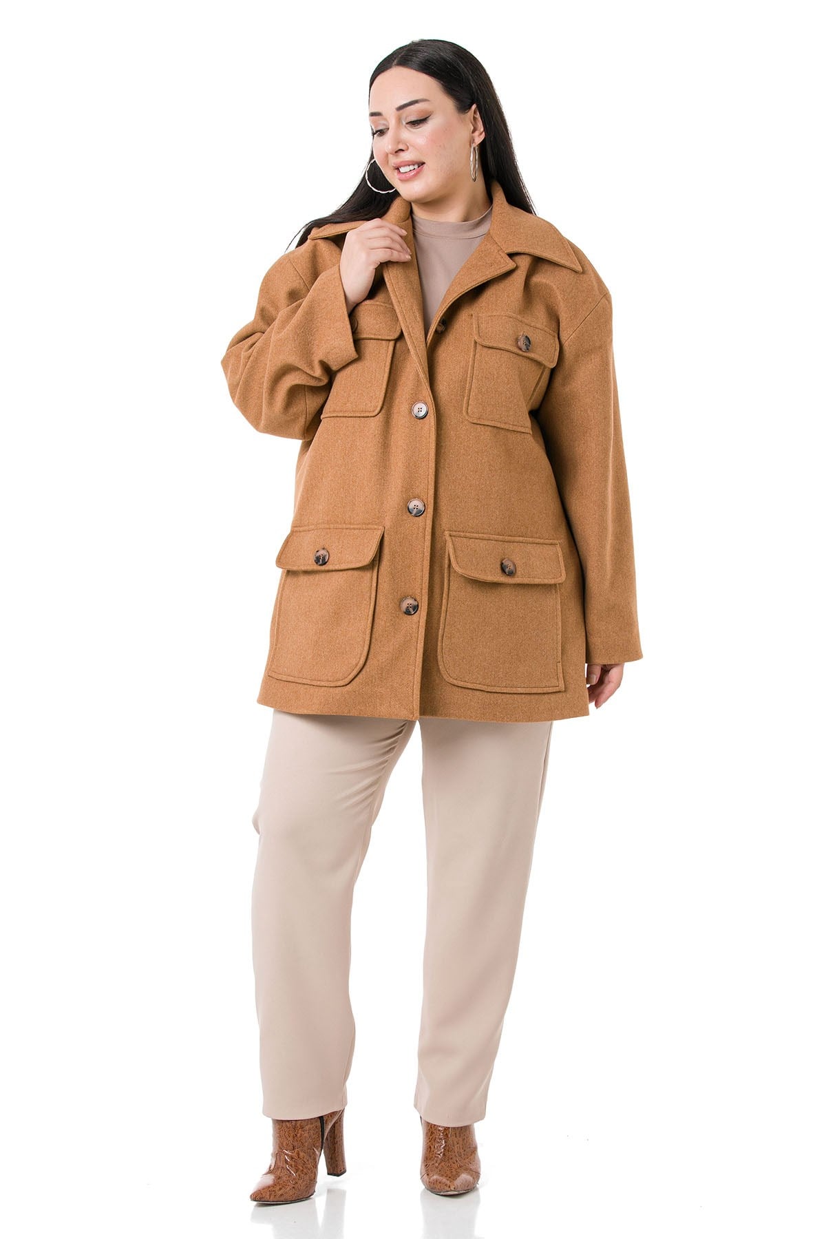 Plus Size Shirt Collar Covered Pockets Lined Amber Stitched Overcoat