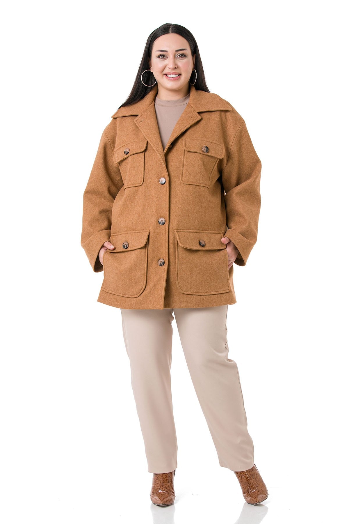 Plus Size Shirt Collar Covered Pockets Lined Amber Stitched Overcoat