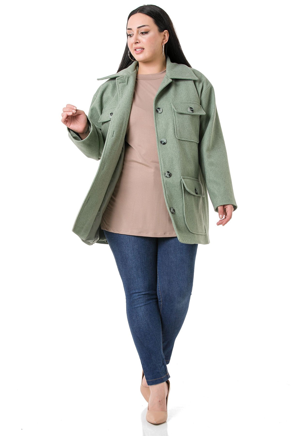 Plus Size Shirt Collar Covered Pockets Lined Green Stitched Overcoat