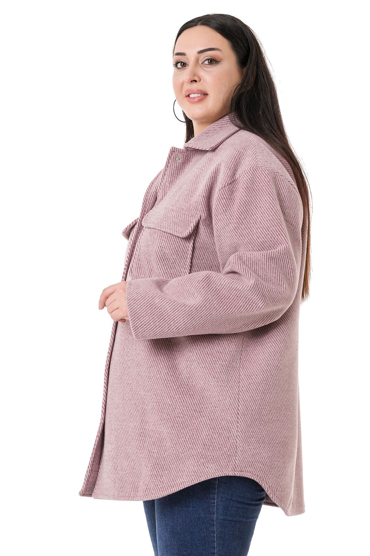 Plus Size Herringbone Woven Light Pink Overcoat with Flap Pockets