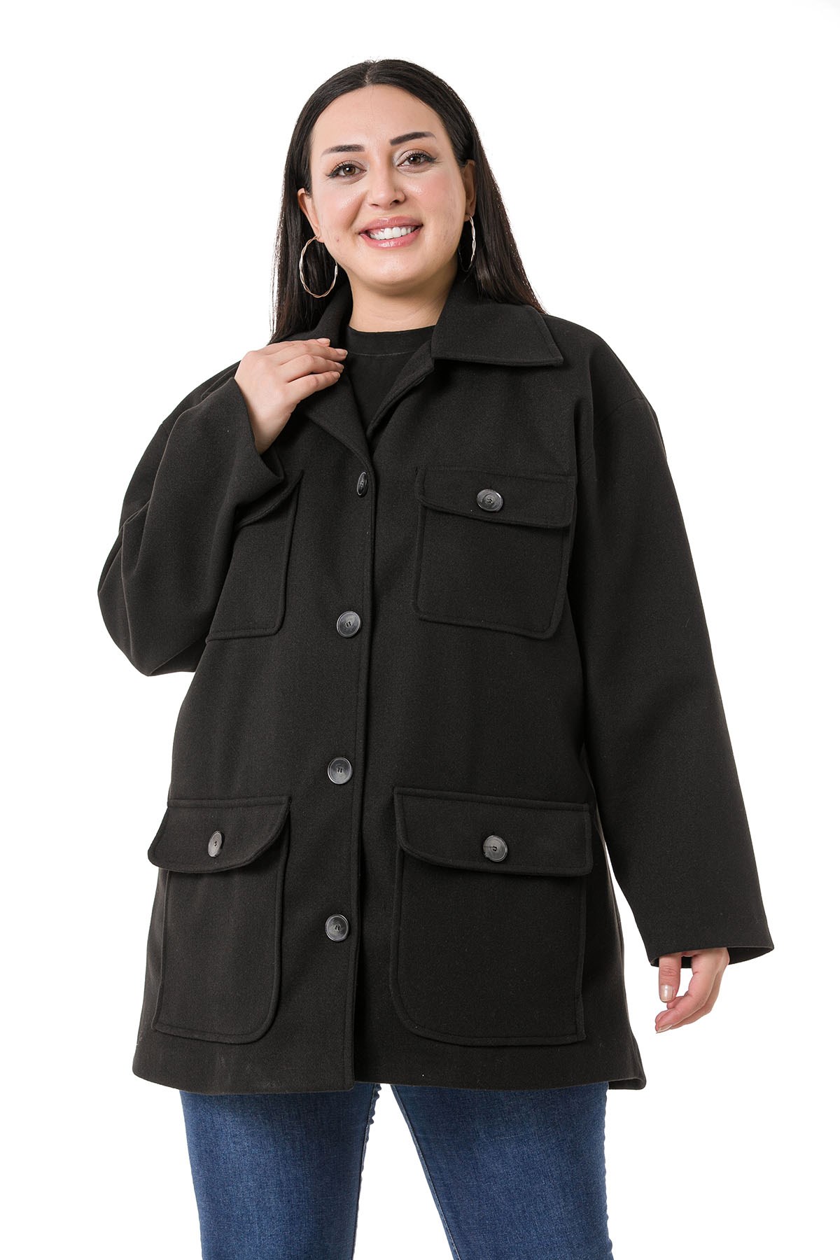 Plus Size Shirt Collar Covered Pockets Lined Black Stitched Overcoat