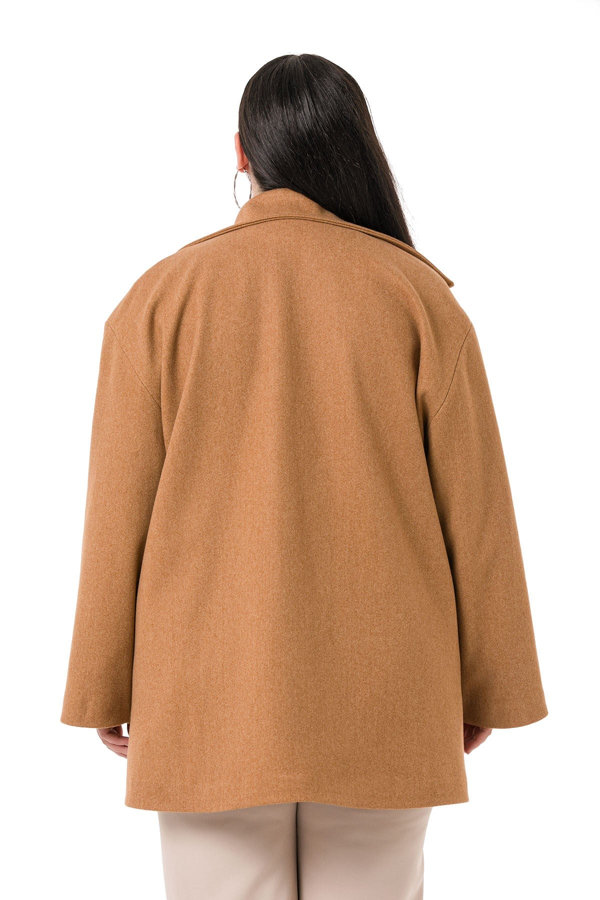 Plus Size Shirt Collar Covered Pockets Lined Amber Stitched Overcoat