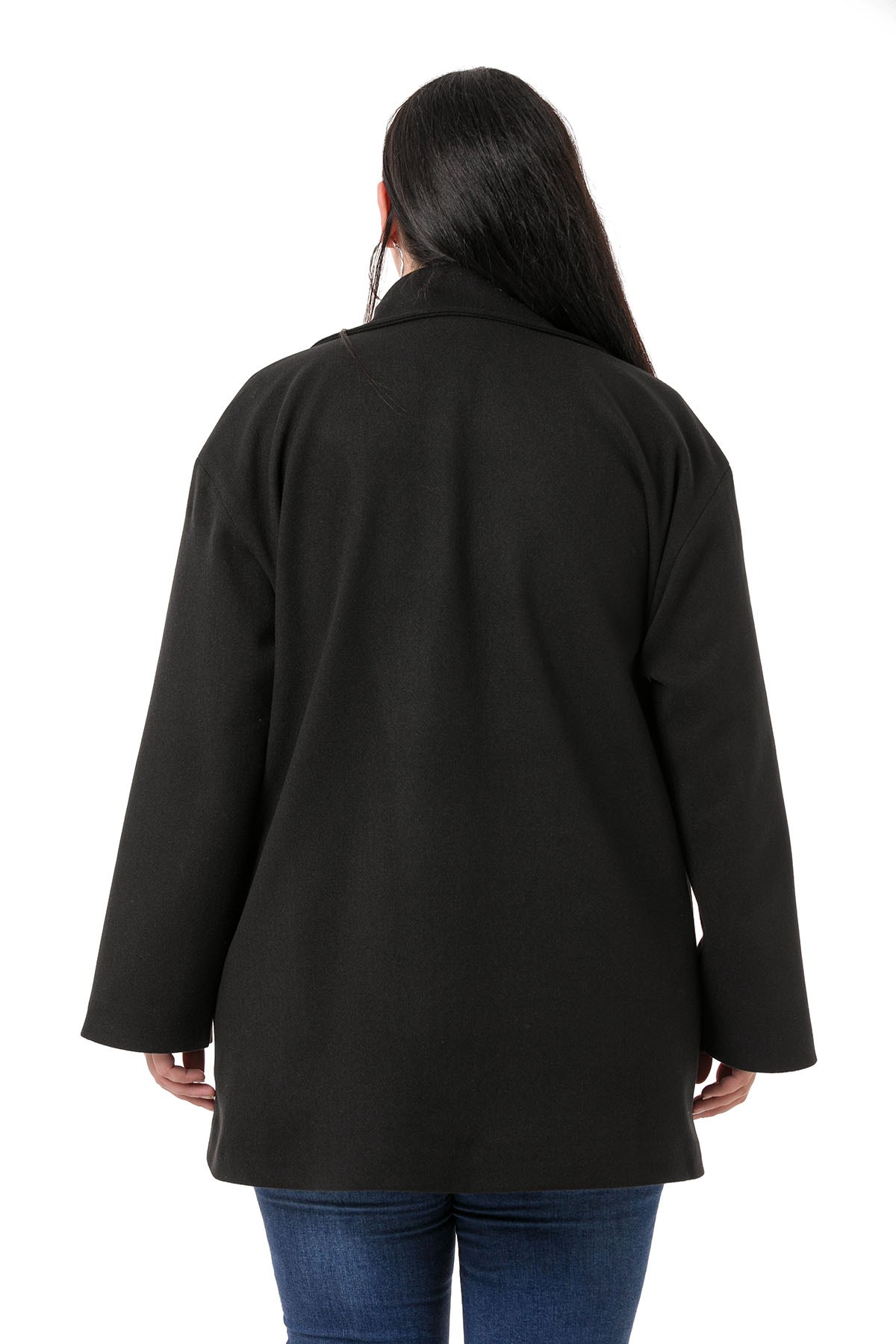 Plus Size Shirt Collar Covered Pockets Lined Black Stitched Overcoat