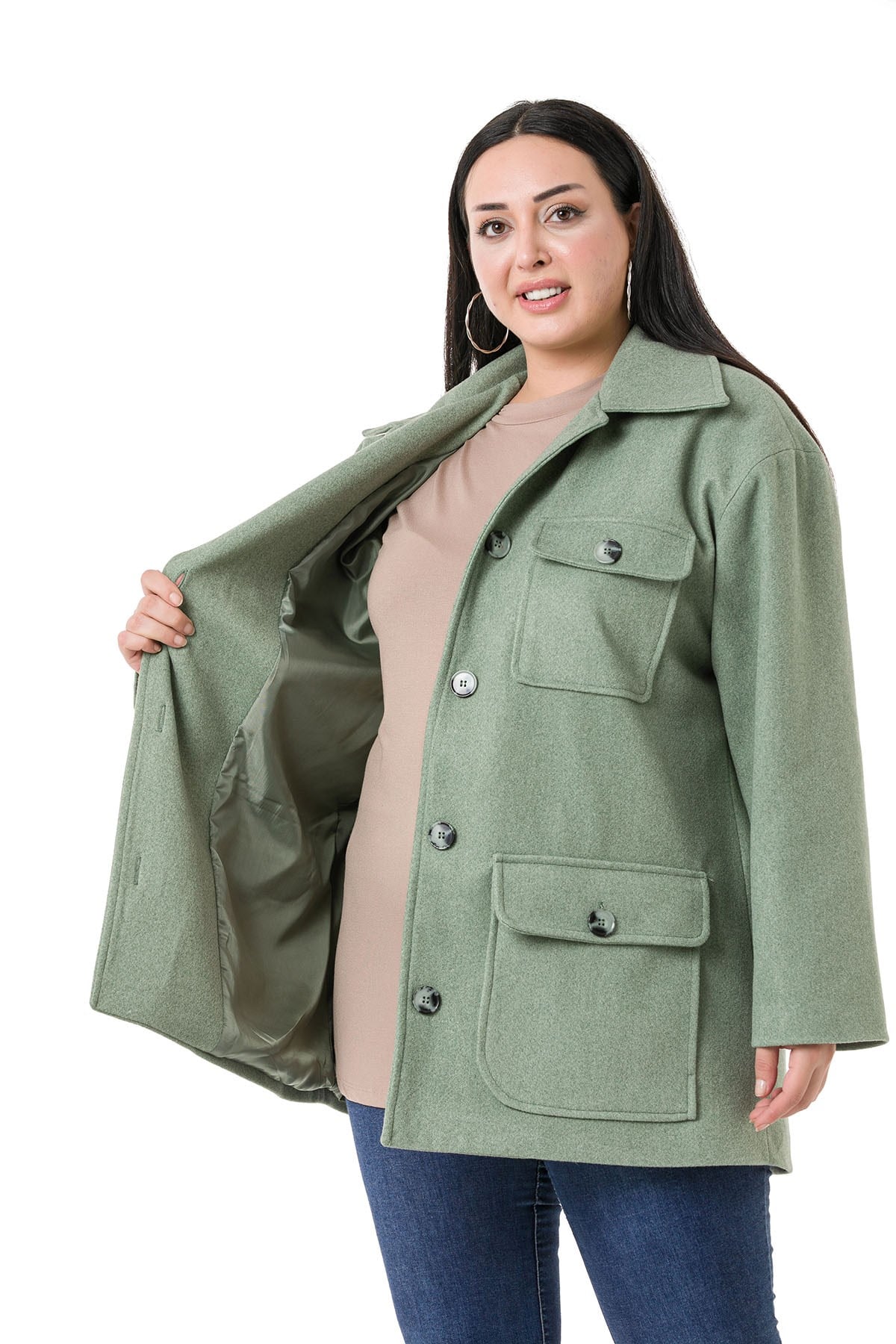 Plus Size Shirt Collar Covered Pockets Lined Green Stitched Overcoat