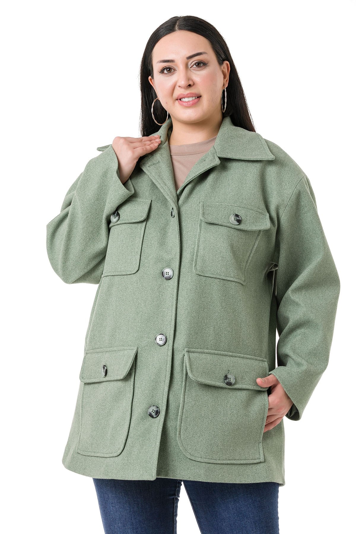 Plus Size Shirt Collar Covered Pockets Lined Green Stitched Overcoat