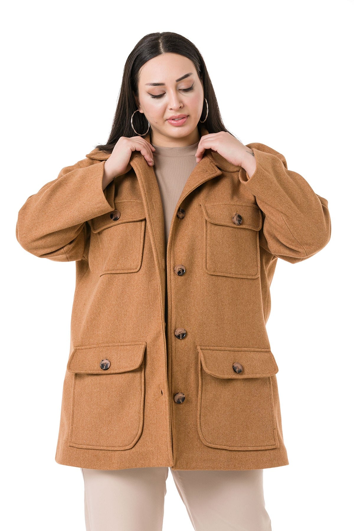 Plus Size Shirt Collar Covered Pockets Lined Amber Stitched Overcoat