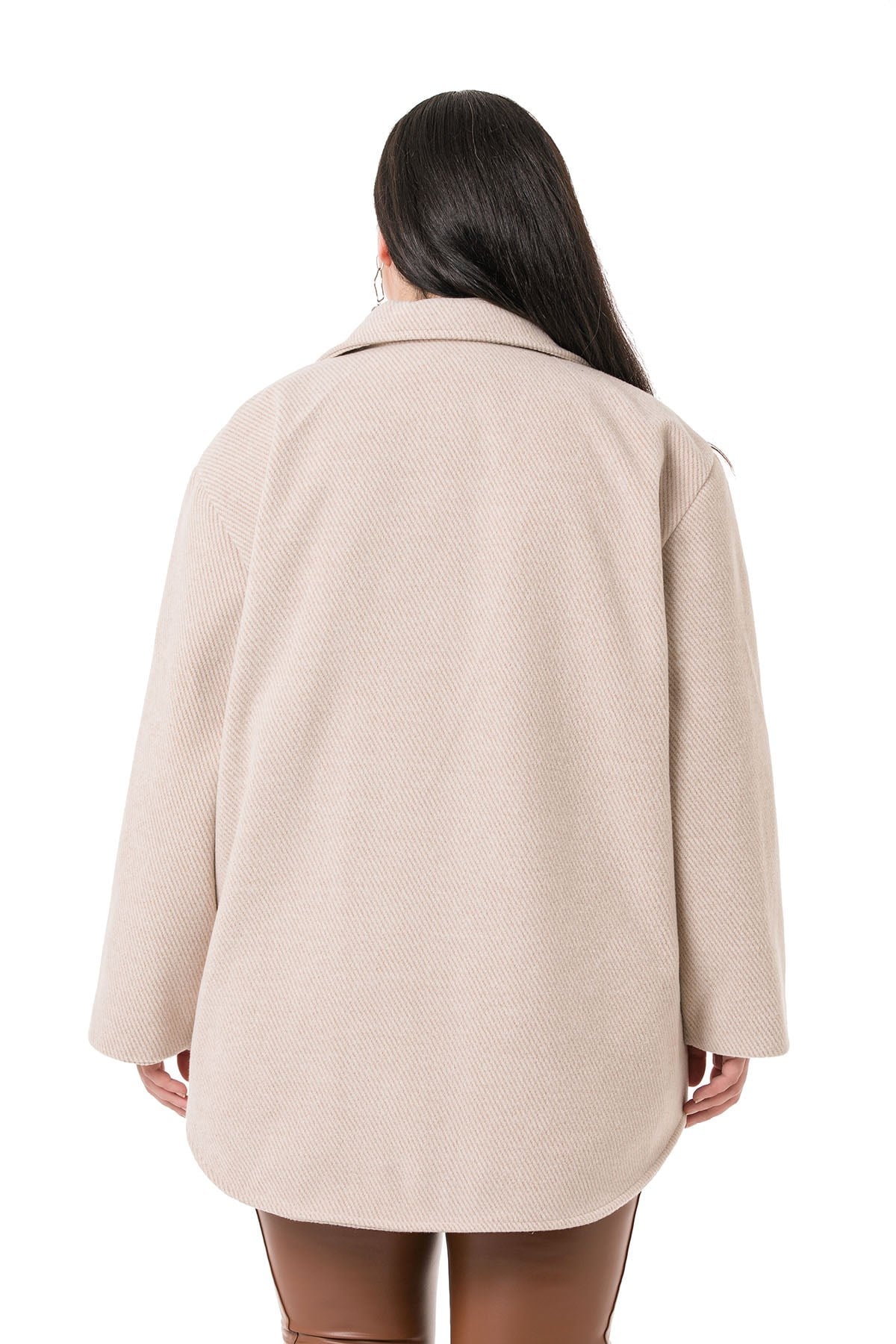 Plus Size Herringbone Woven Beige Overcoat with Flap Pockets