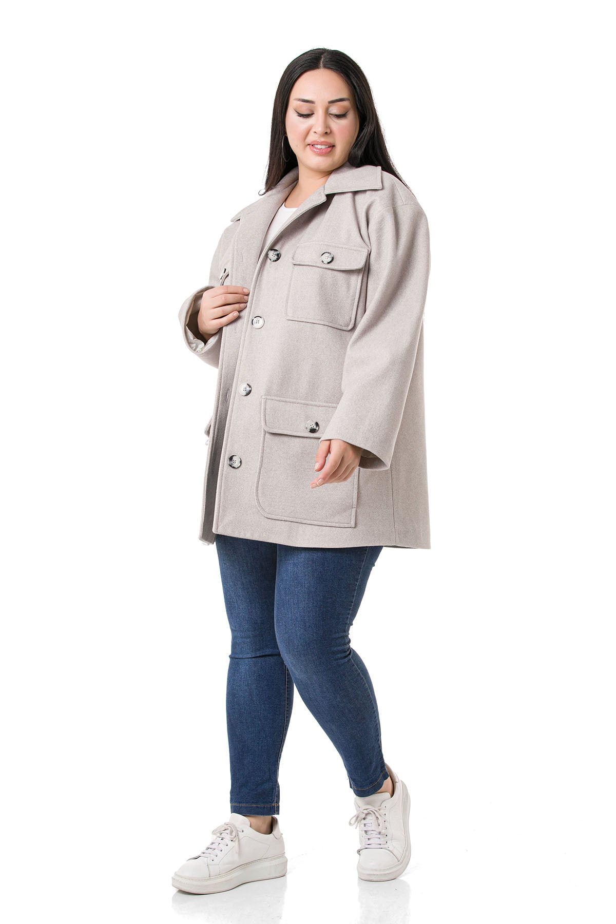 Plus Size Shirt Collar Covered Pockets Lined Gray Stitched Overcoat