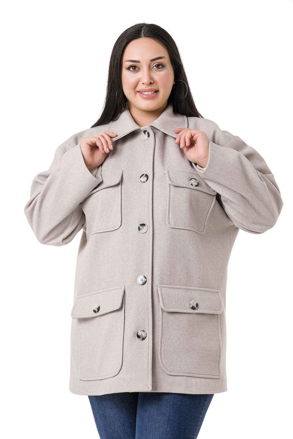 Plus Size Shirt Collar Covered Pockets Lined Gray Stitched Overcoat