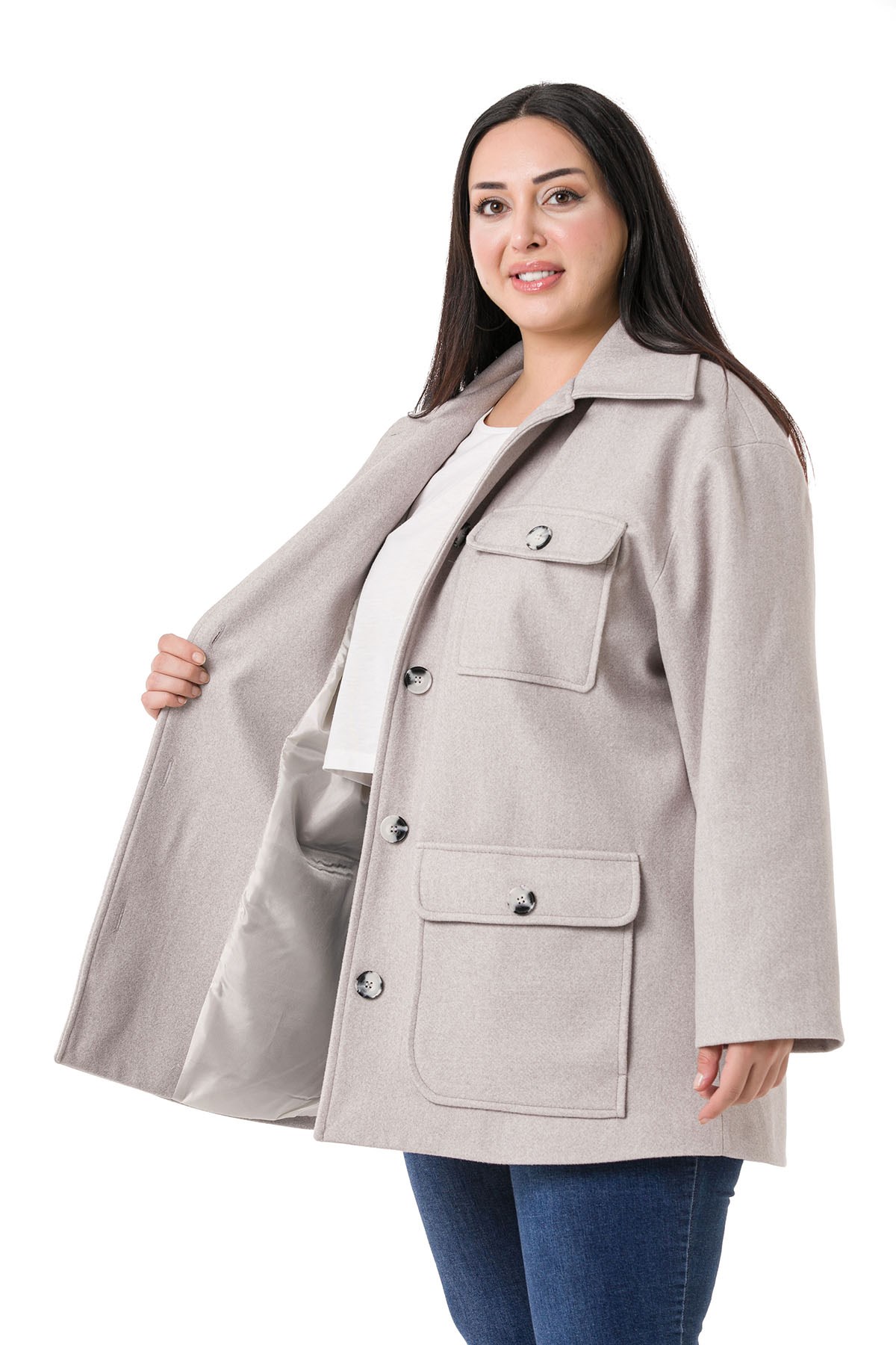 Plus Size Shirt Collar Covered Pockets Lined Gray Stitched Overcoat