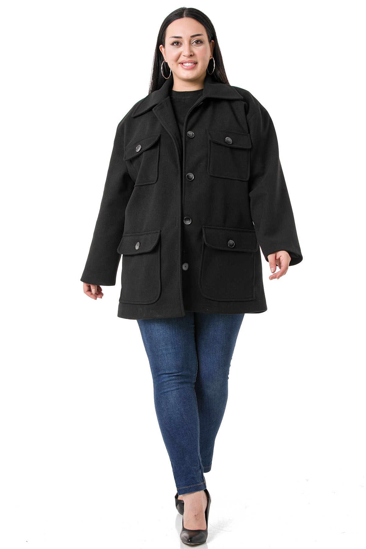 Plus Size Shirt Collar Covered Pockets Lined Black Stitched Overcoat