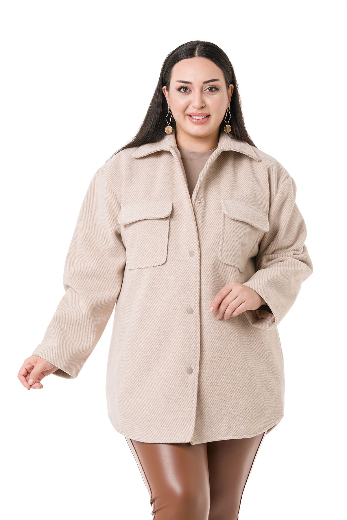 Plus Size Herringbone Woven Beige Overcoat with Flap Pockets