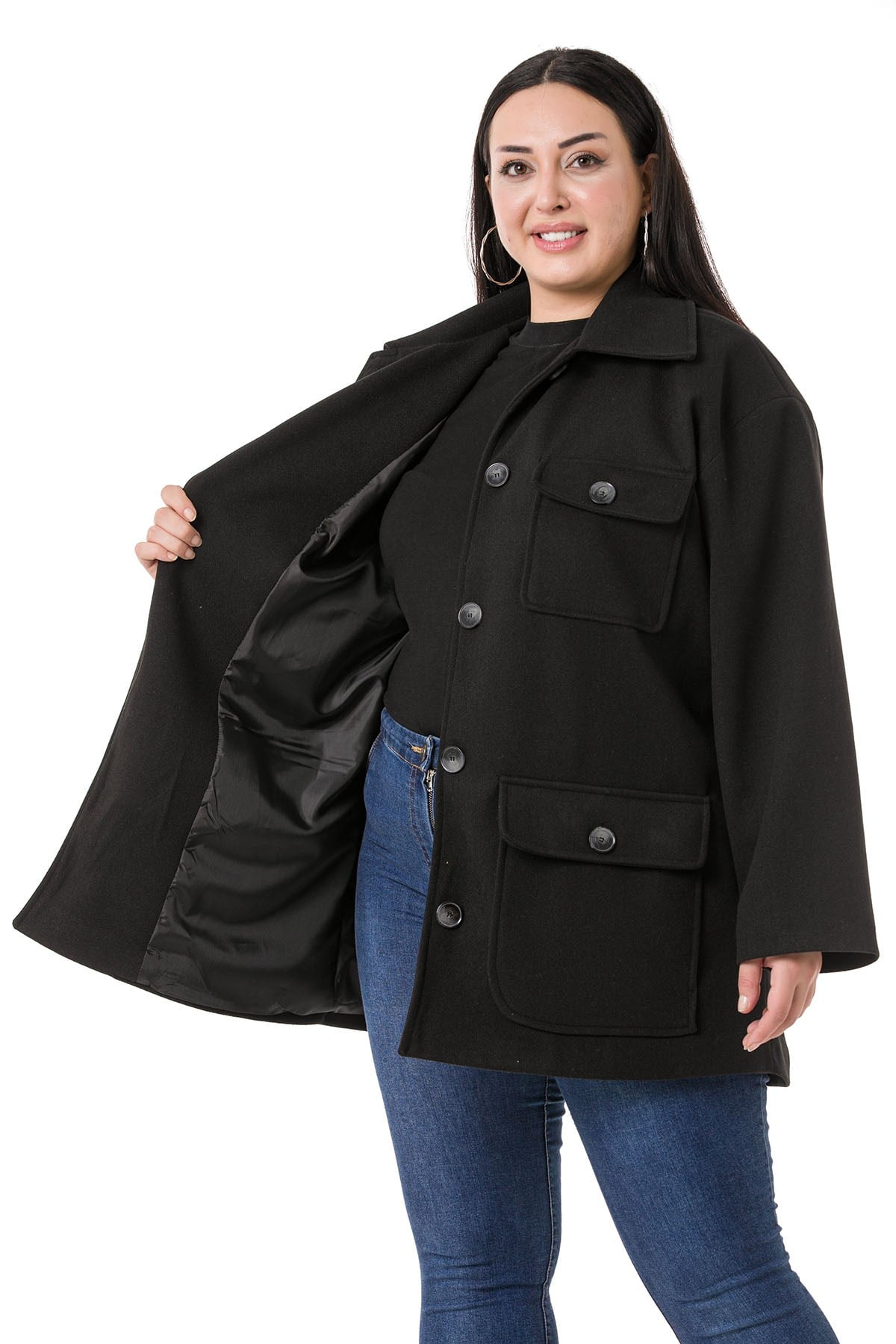 Plus Size Shirt Collar Covered Pockets Lined Black Stitched Overcoat