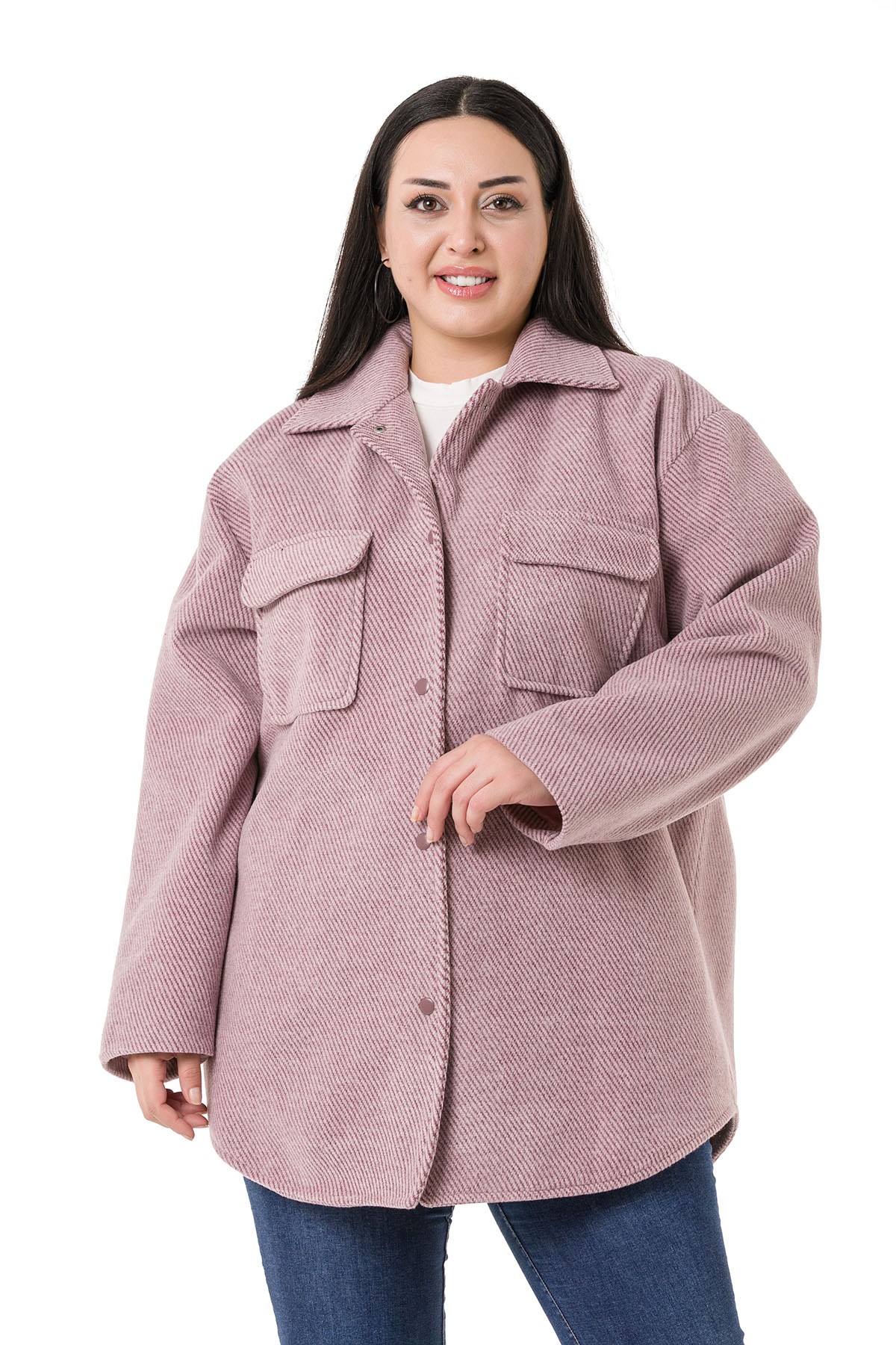Plus Size Herringbone Woven Light Pink Overcoat with Flap Pockets