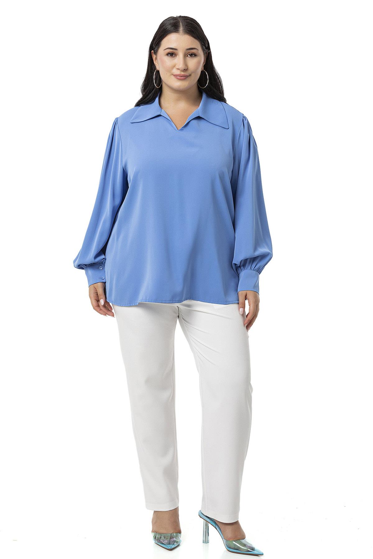 Plus Size Shirt Collar Cuffed Side Slit İndigo Blouse