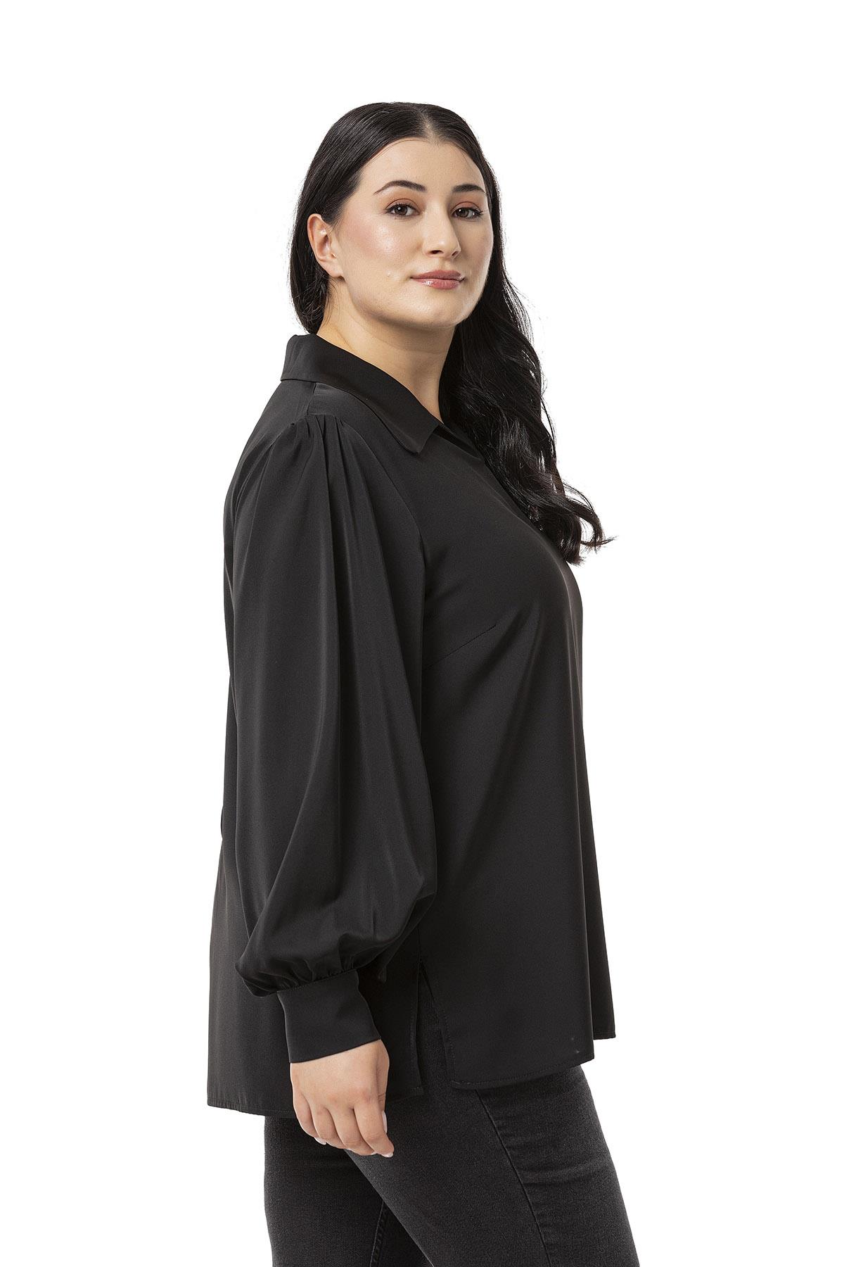 Plus Size Shirt Collar Cuffed Side Slit Black Blouse