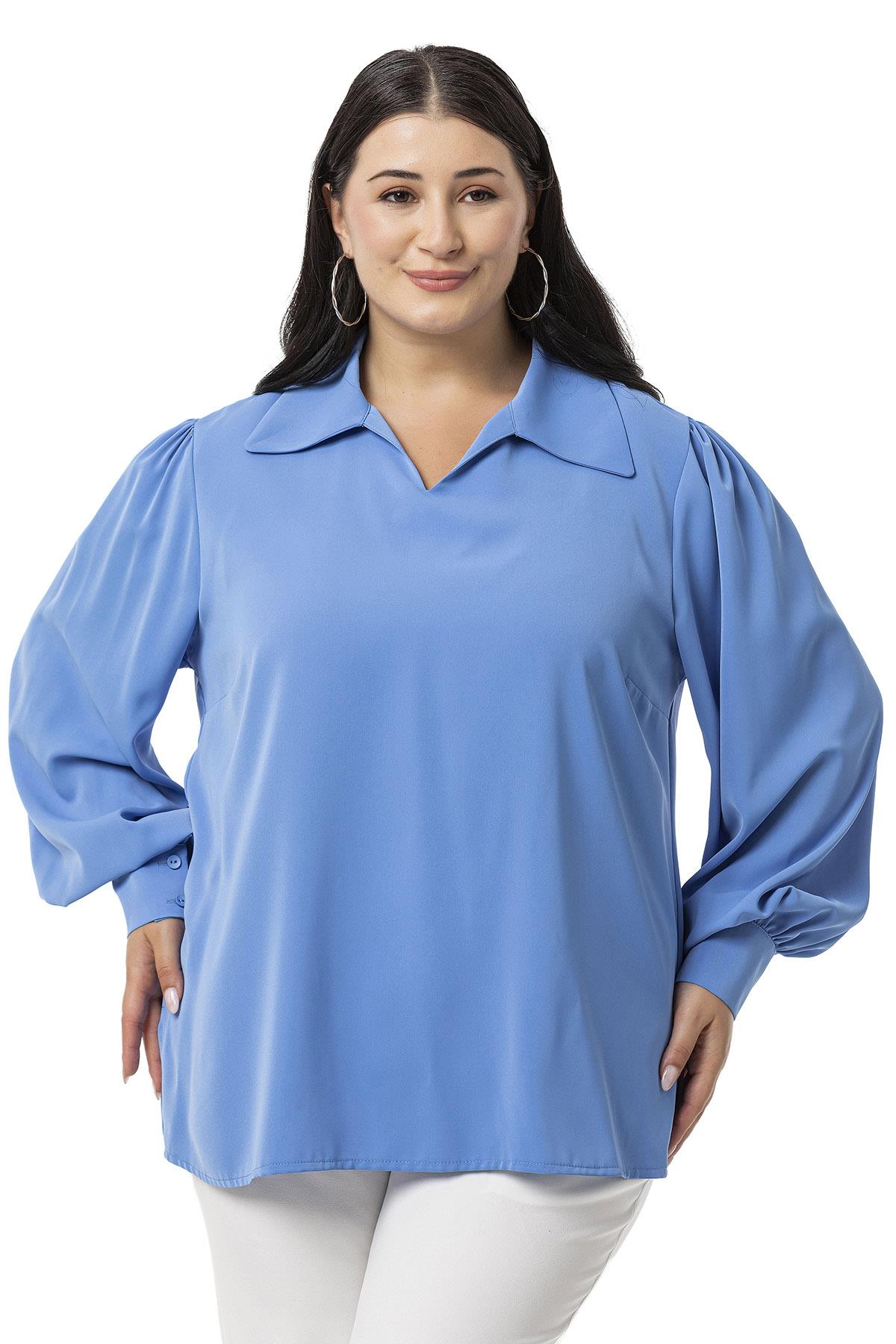 Plus Size Shirt Collar Cuffed Side Slit İndigo Blouse