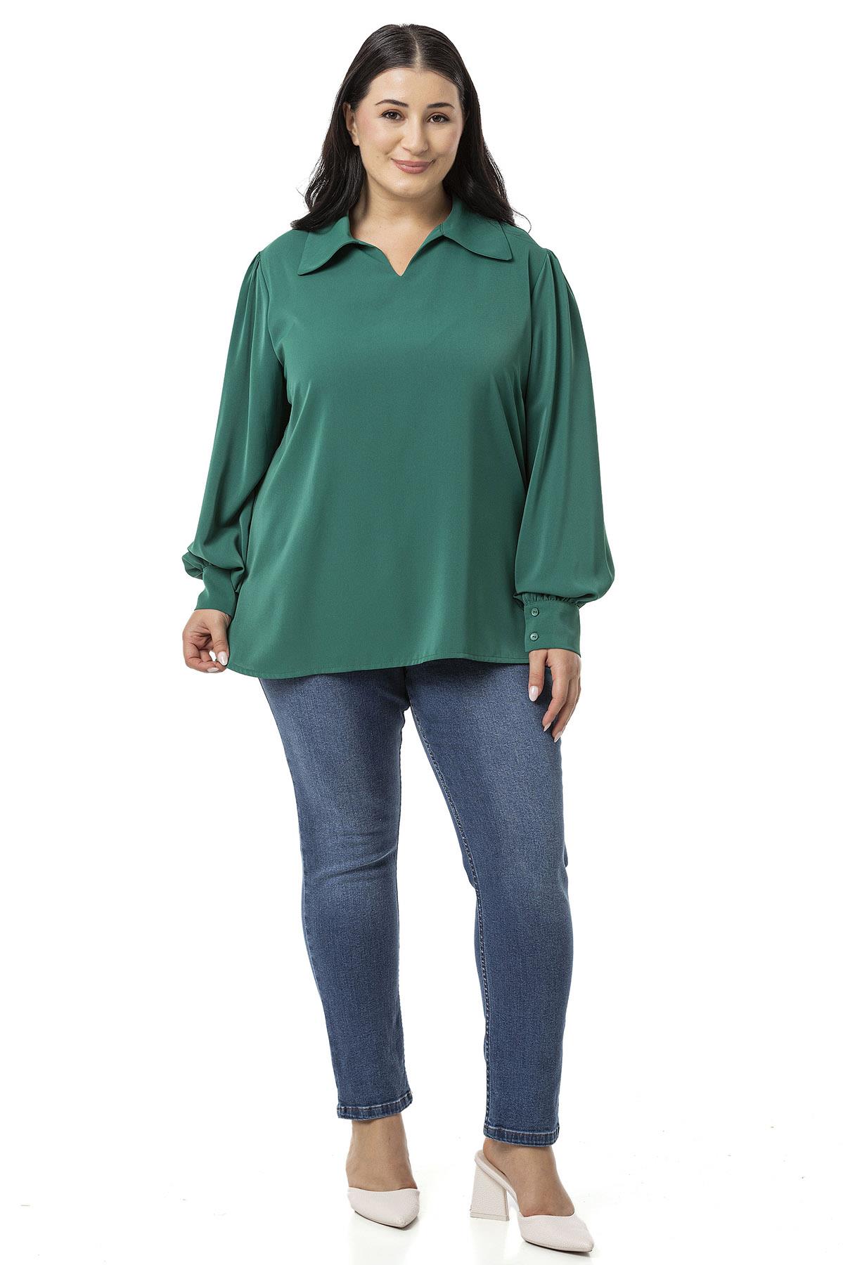 Plus Size Shirt Collar Cuffed Side Slit Emerald Blouse