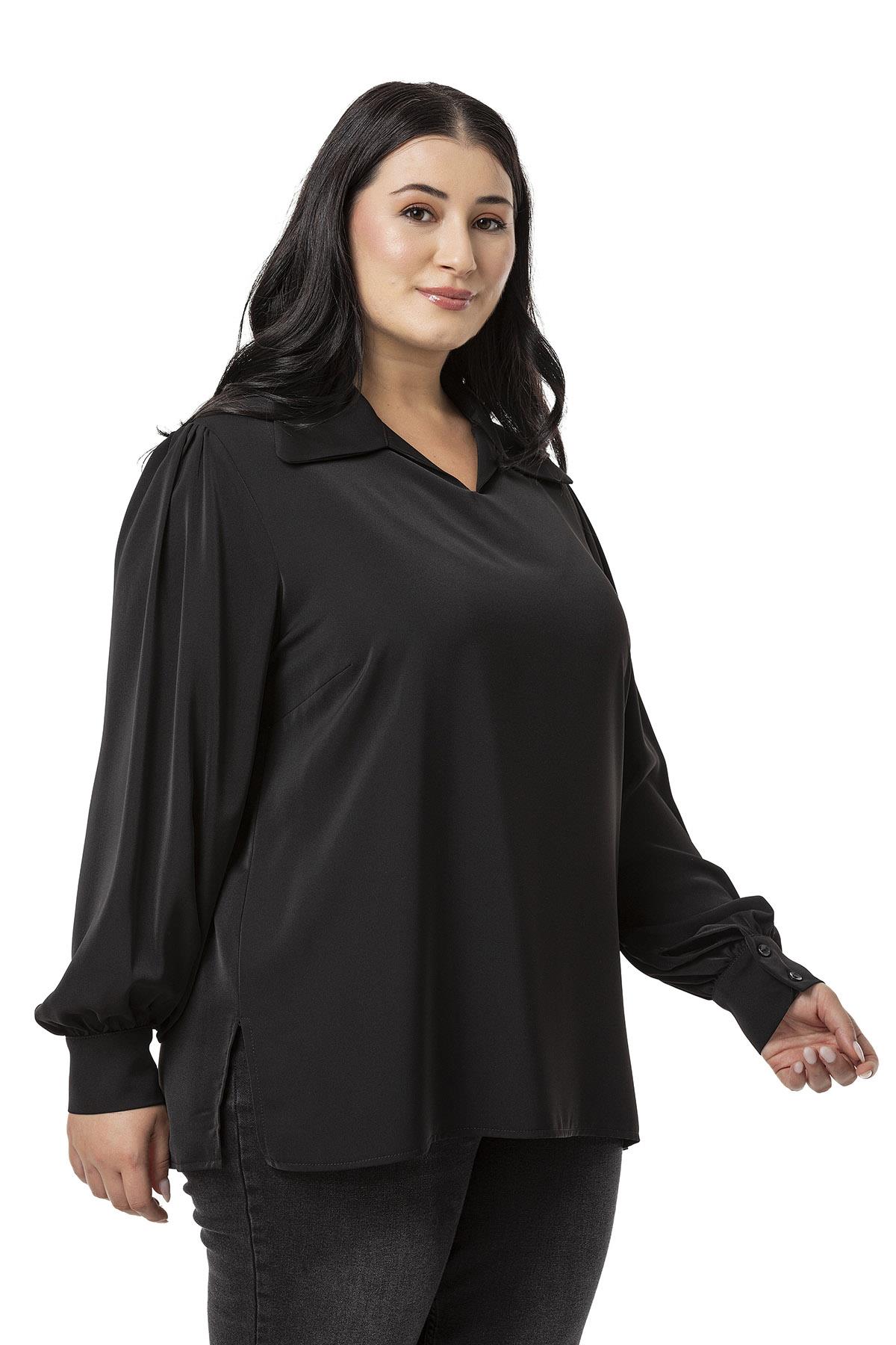 Plus Size Shirt Collar Cuffed Side Slit Black Blouse