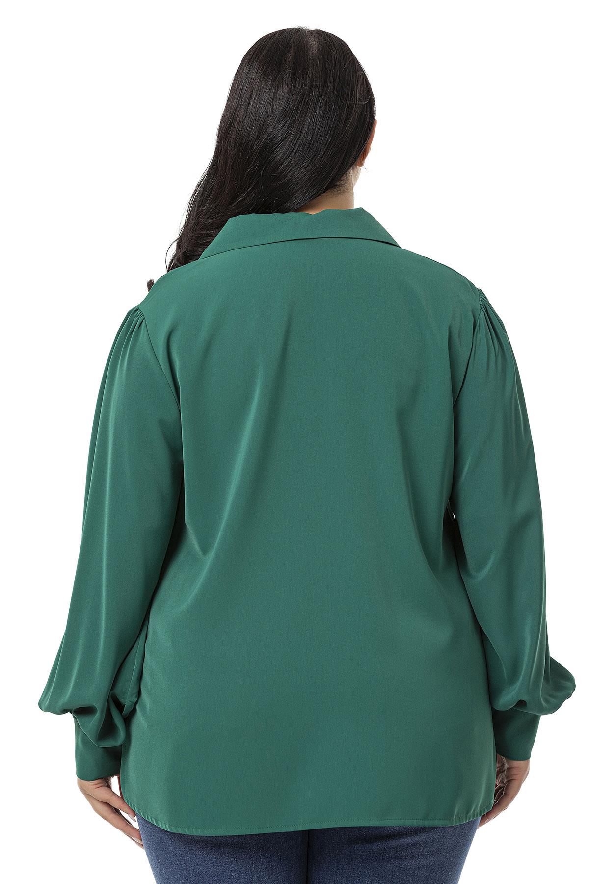 Plus Size Shirt Collar Cuffed Side Slit Emerald Blouse