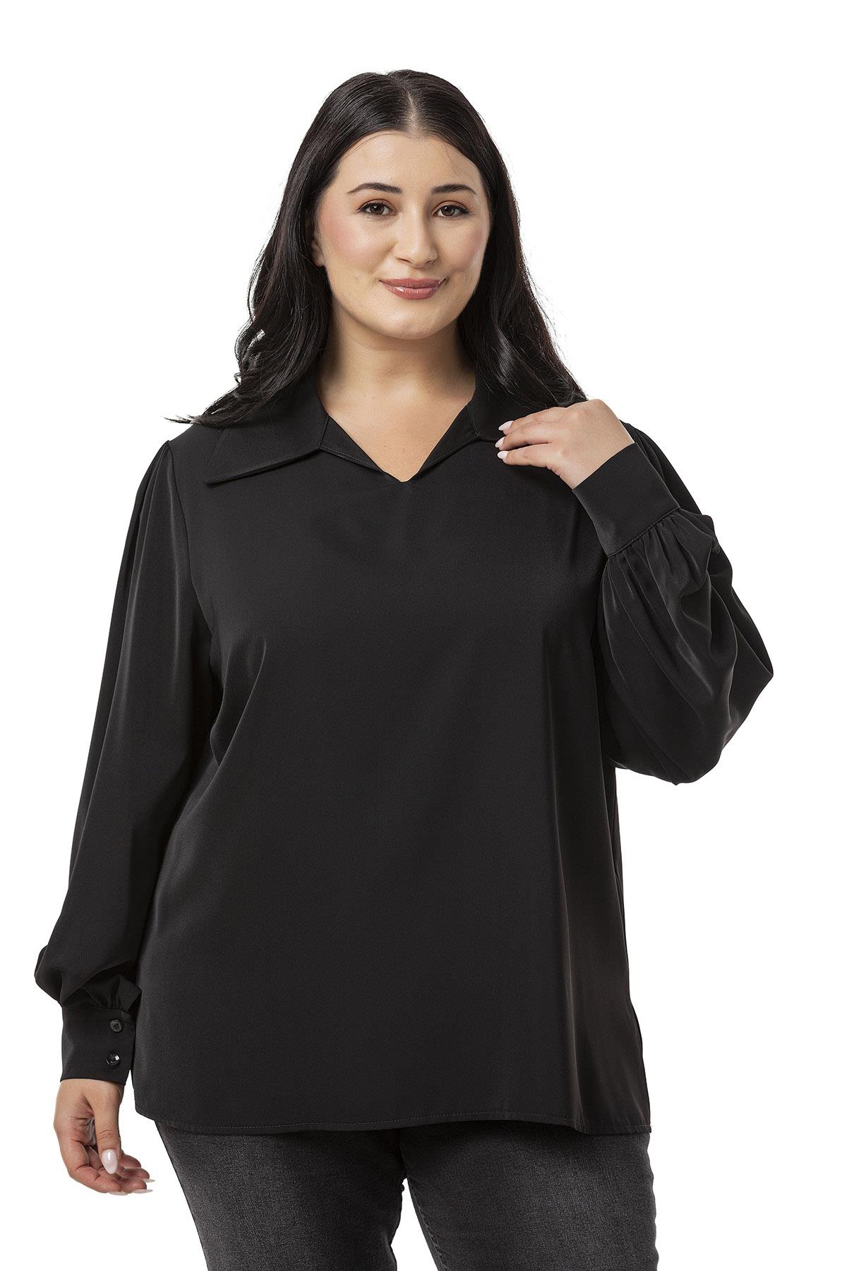 Plus Size Shirt Collar Cuffed Side Slit Black Blouse