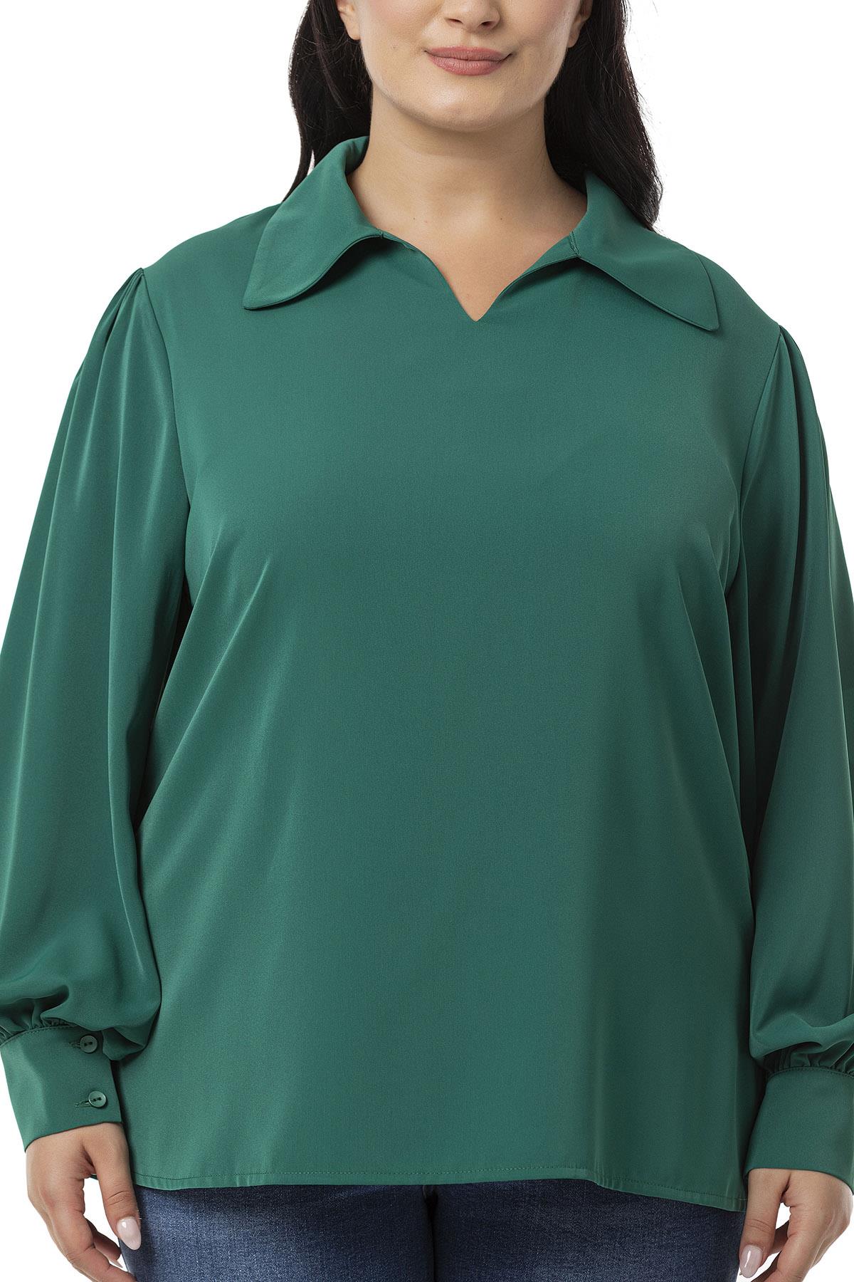 Plus Size Shirt Collar Cuffed Side Slit Emerald Blouse