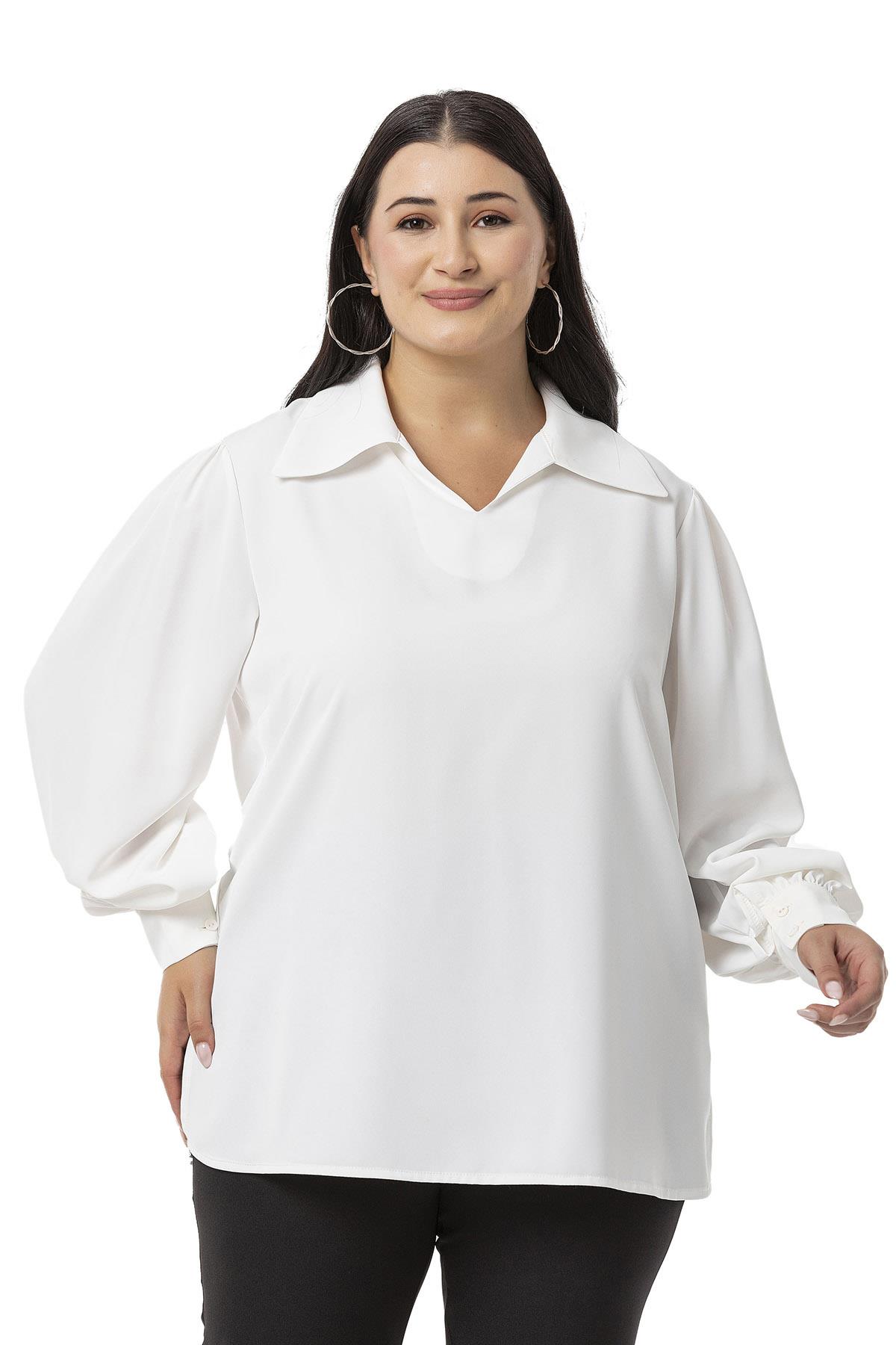 Plus Size Shirt Collar Cuffed Side Slit White Blouse