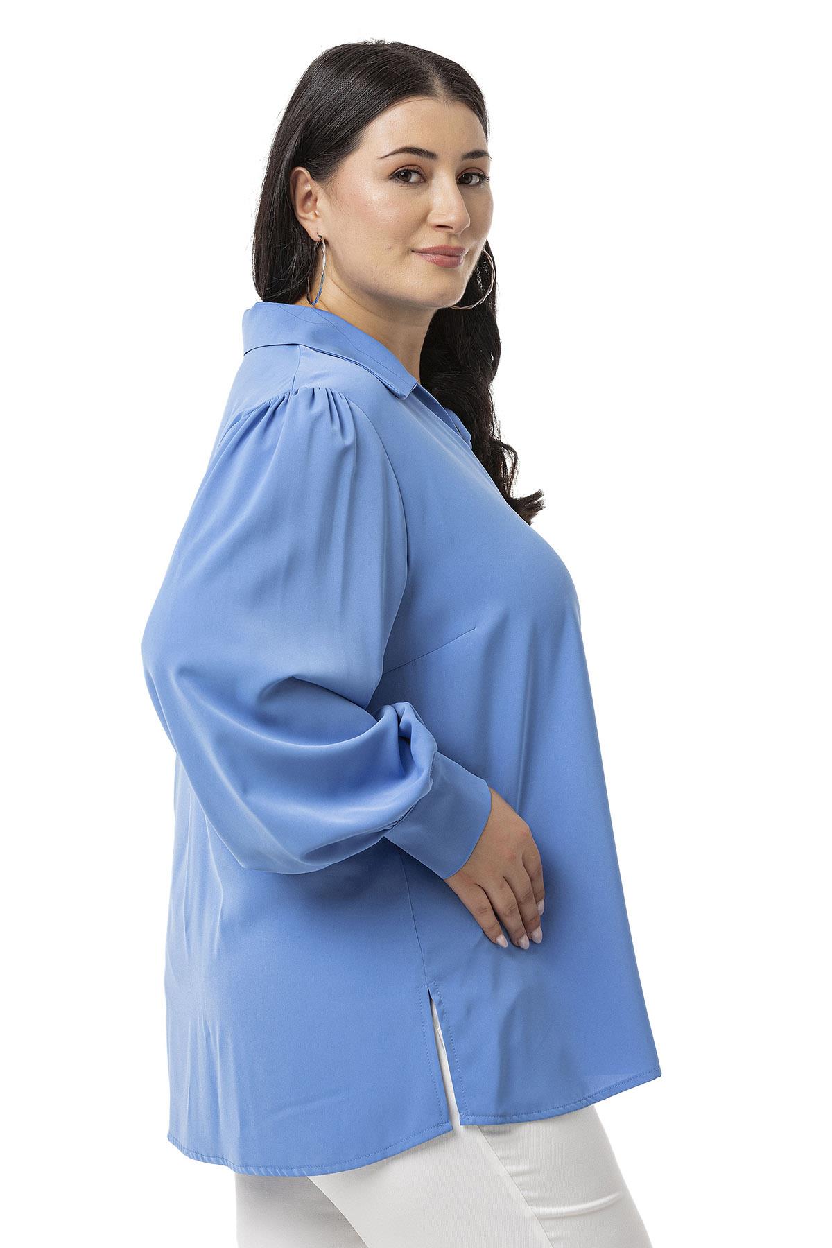 Plus Size Shirt Collar Cuffed Side Slit İndigo Blouse