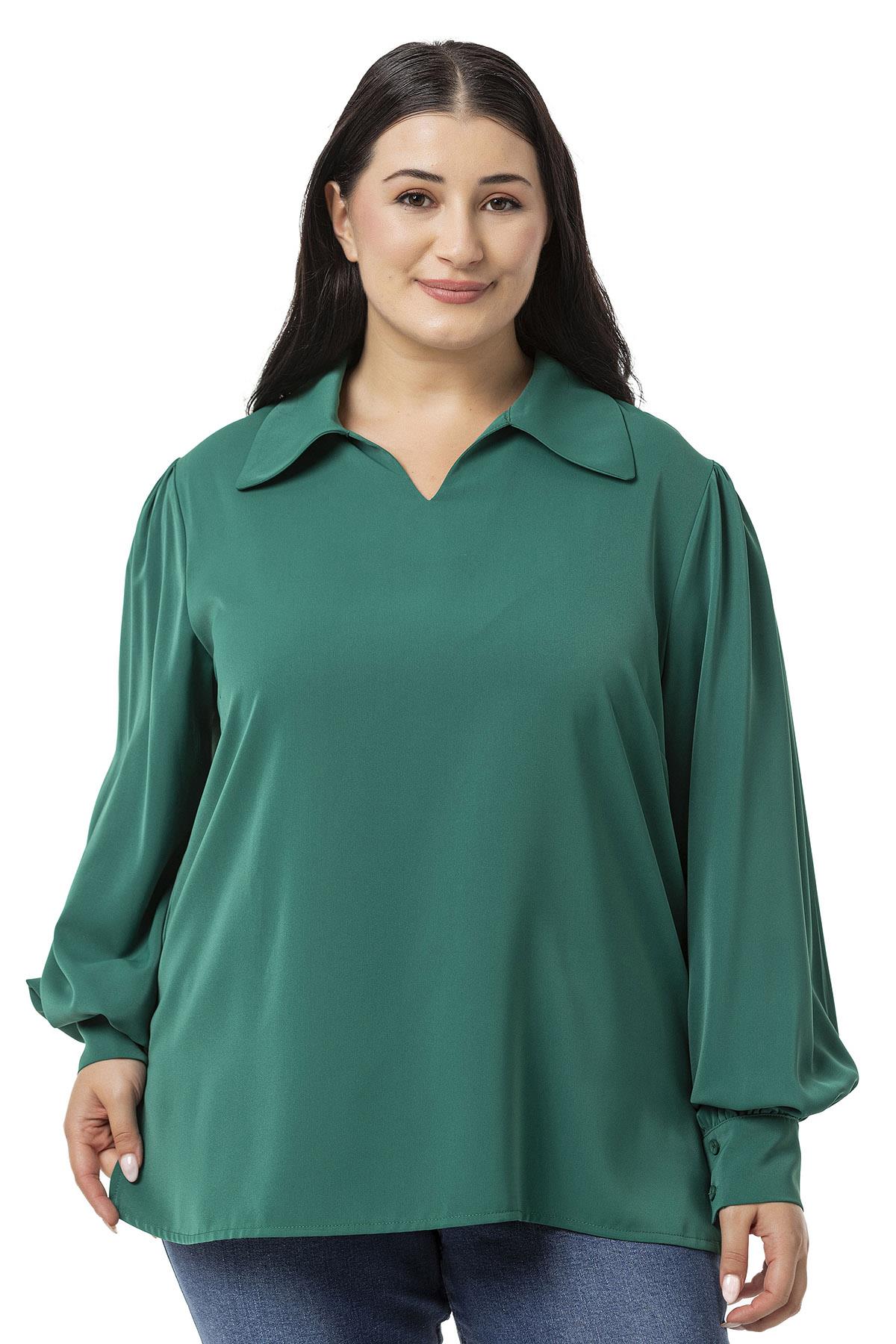 Plus Size Shirt Collar Cuffed Side Slit Emerald Blouse