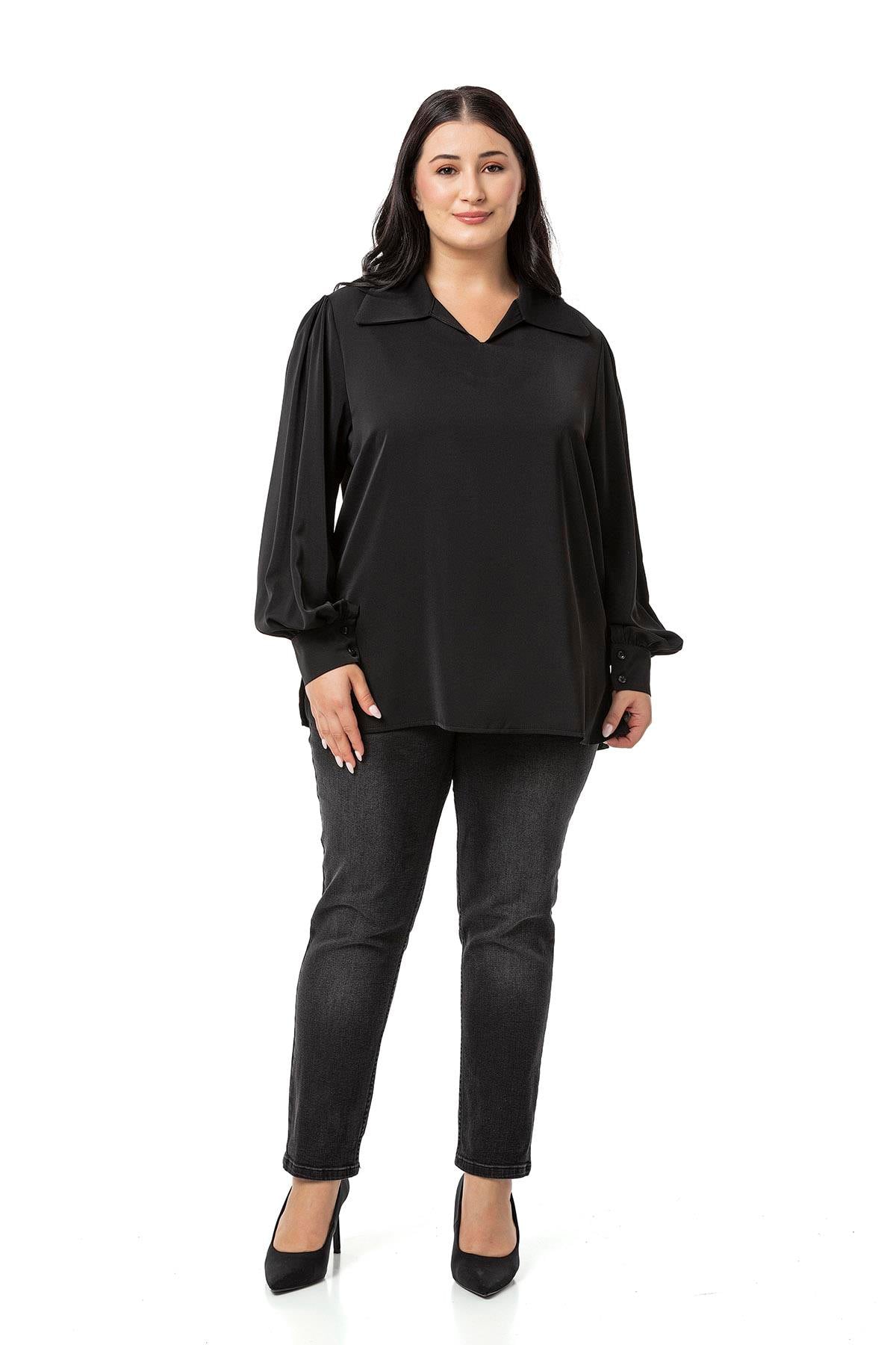 Plus Size Shirt Collar Cuffed Side Slit Black Blouse