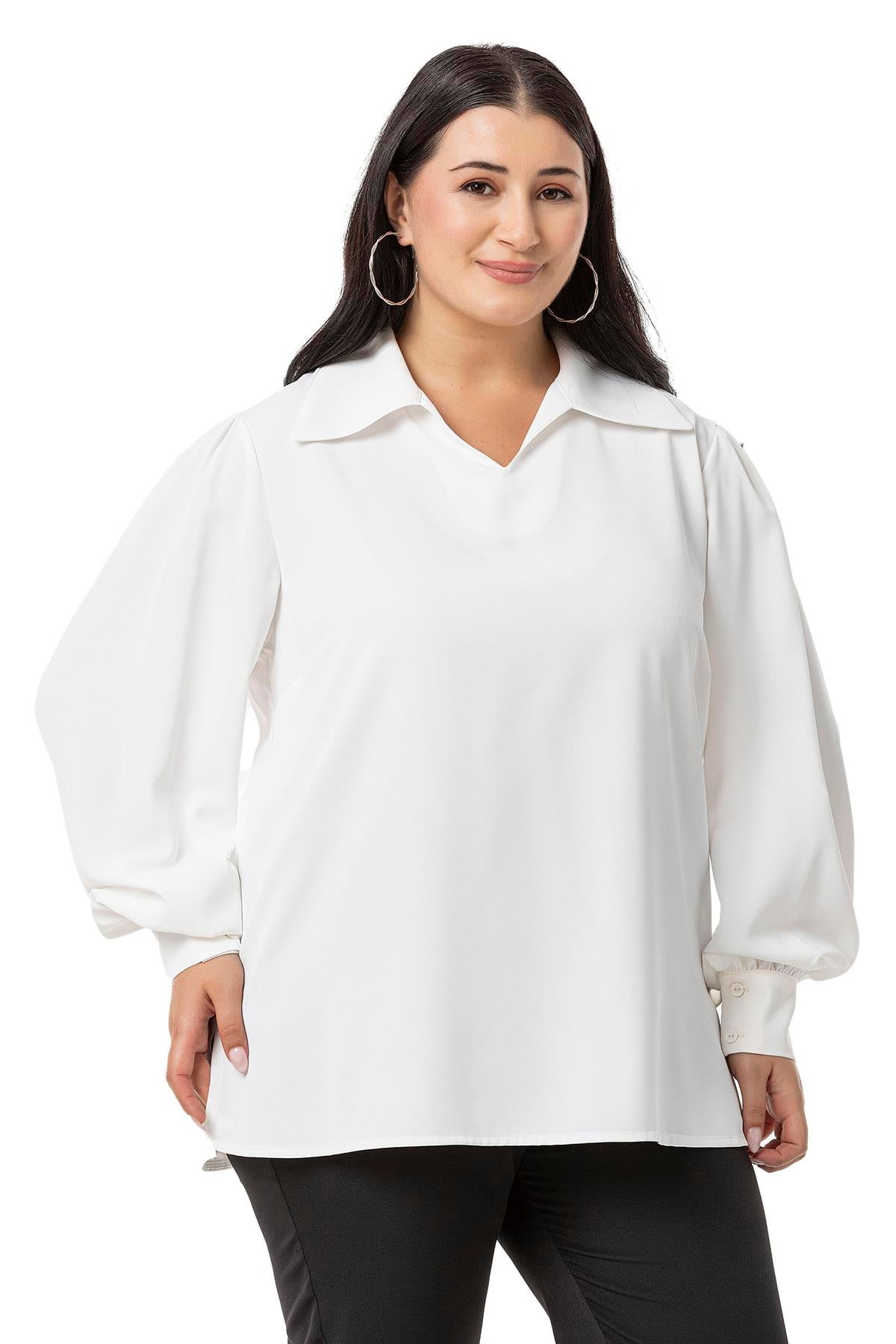 Plus Size Shirt Collar Cuffed Side Slit White Blouse