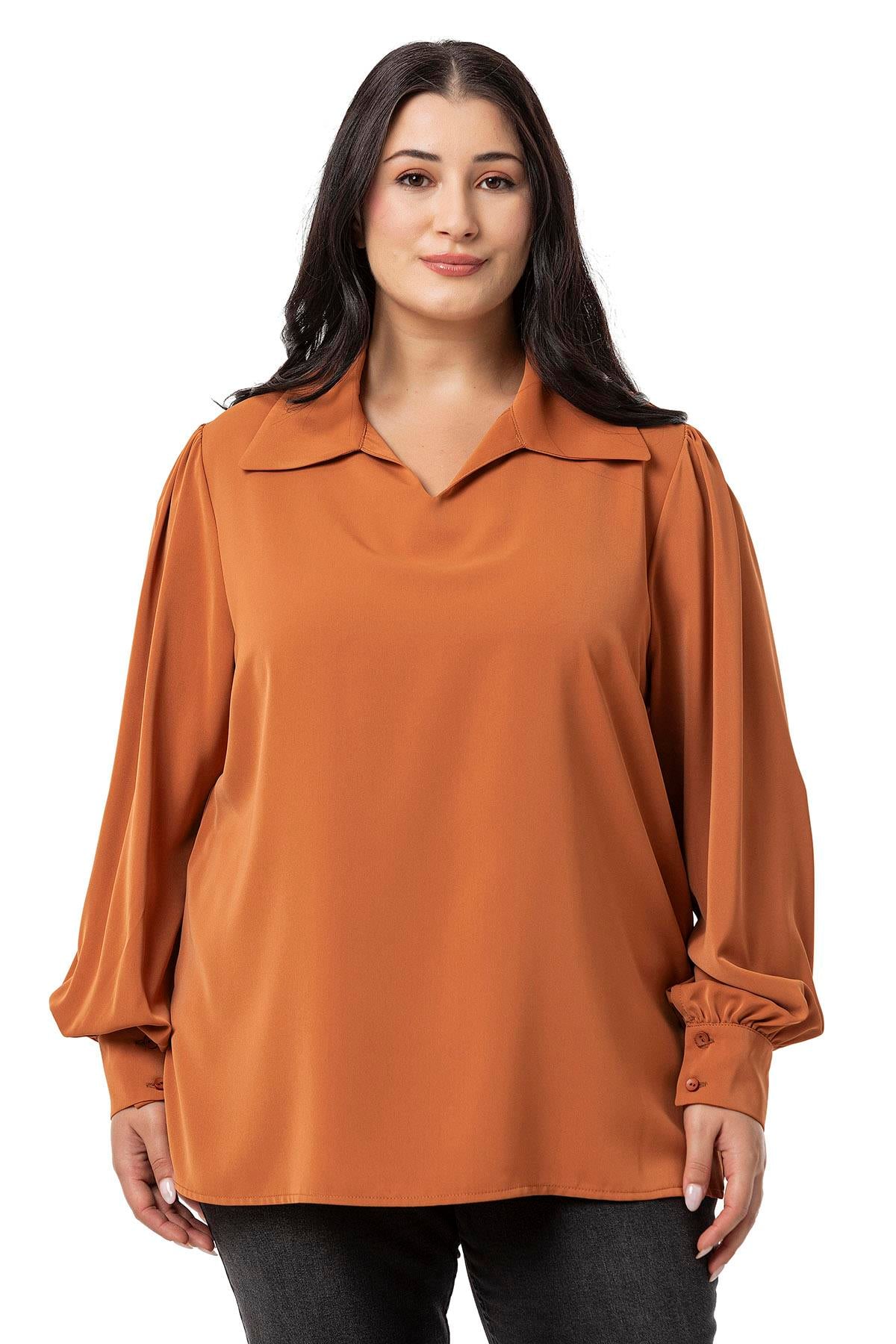 Plus Size Shirt Collar Cuffed Side Slit Cinnamon Blouse