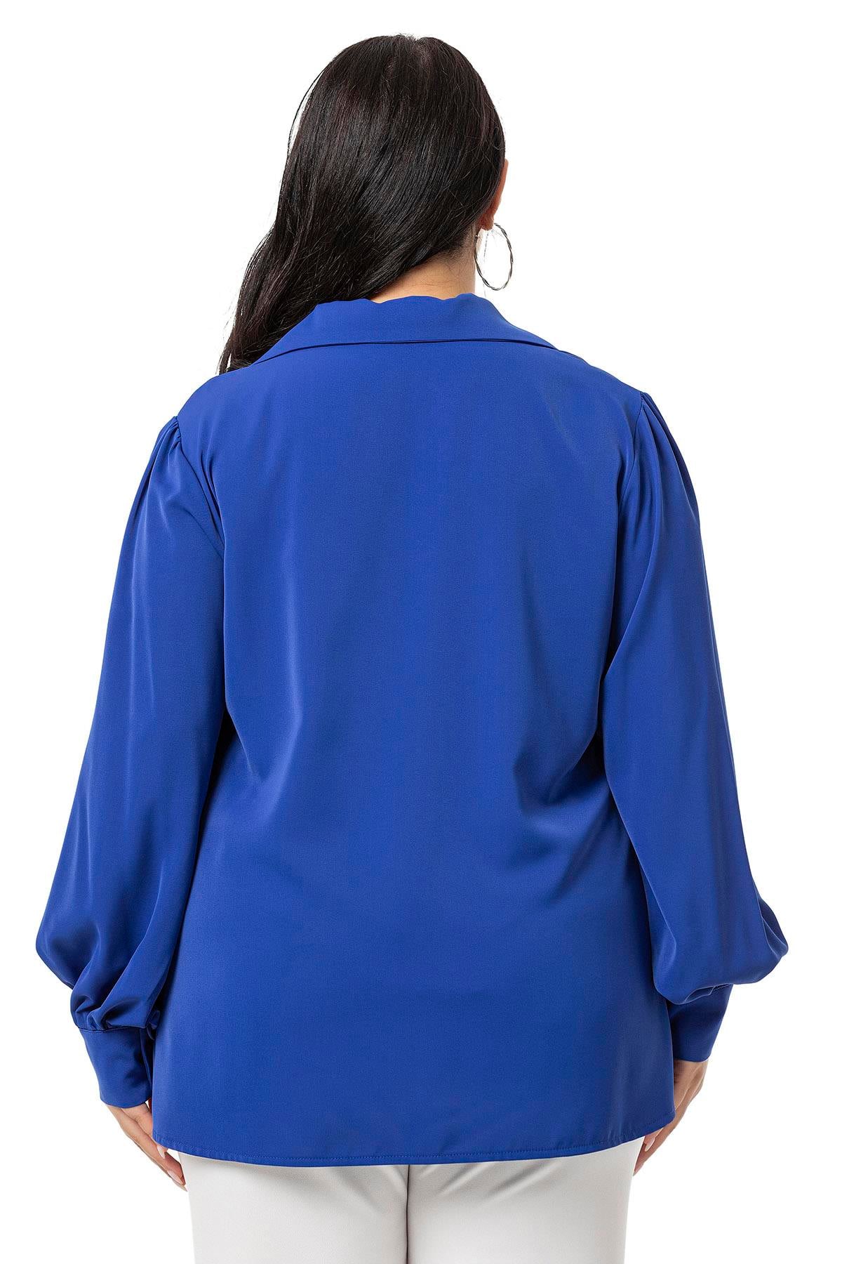Plus Size Shirt Collar Cuffed Side Slit Sax Blue Blouse