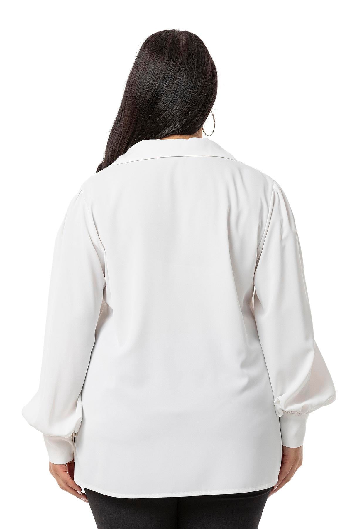 Plus Size Shirt Collar Cuffed Side Slit White Blouse