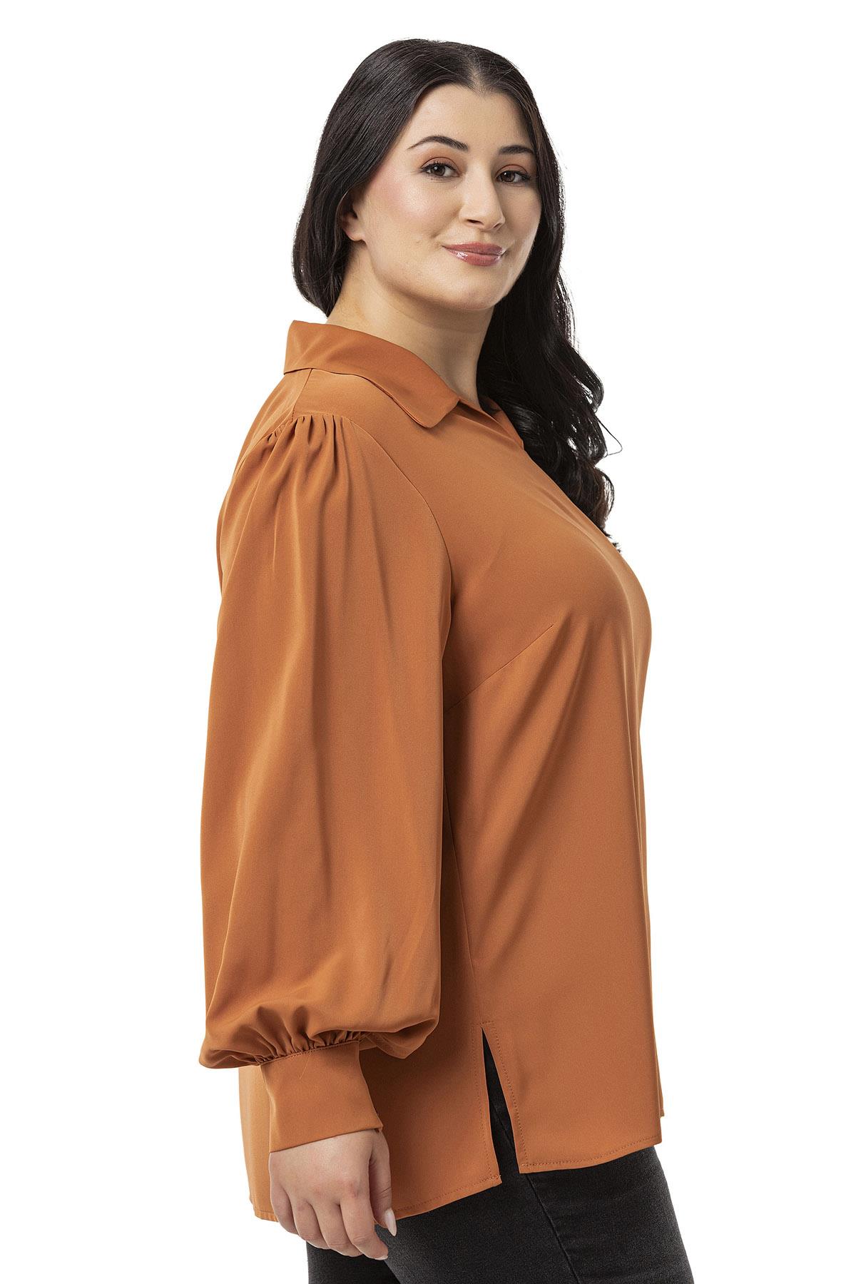 Plus Size Shirt Collar Cuffed Side Slit Cinnamon Blouse