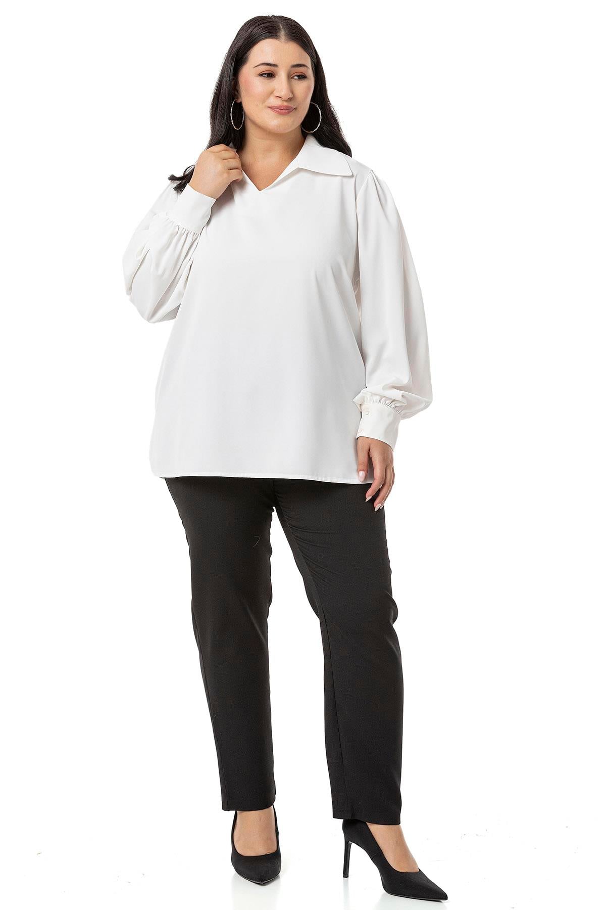 Plus Size Shirt Collar Cuffed Side Slit White Blouse
