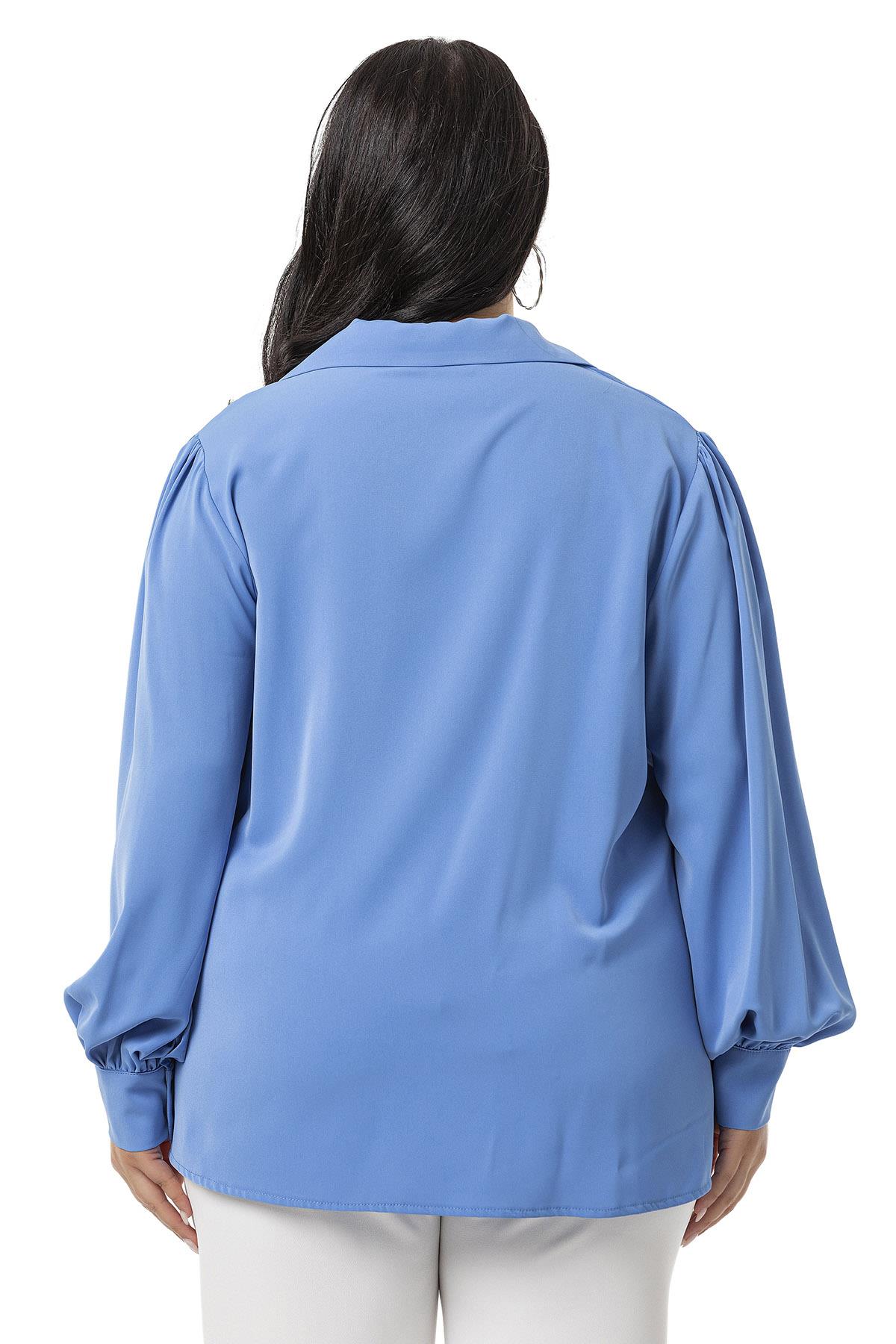 Plus Size Shirt Collar Cuffed Side Slit İndigo Blouse