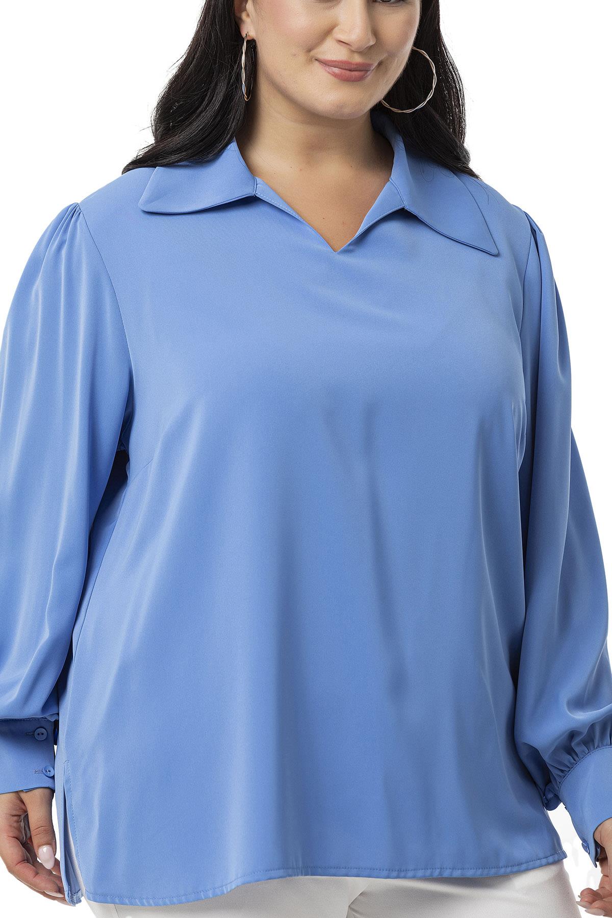 Plus Size Shirt Collar Cuffed Side Slit İndigo Blouse
