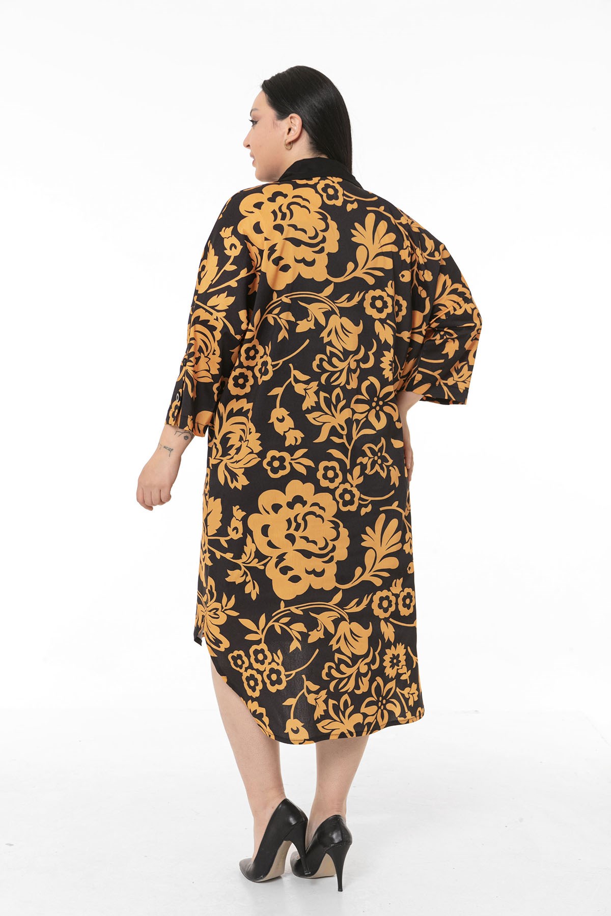 Plus Size Shirt Collar Bag Pocket Sleeve Detailed Asymmetrical Mustard Floral Shirt Dress