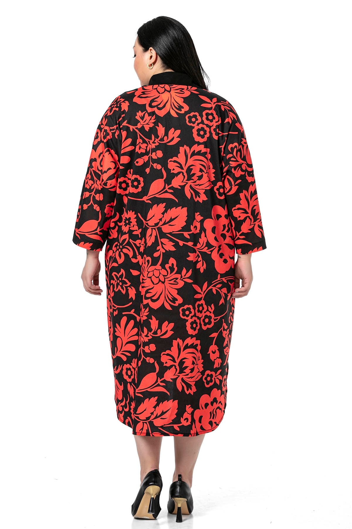 Plus Size Shirt Collar Bag Pocket Sleeve Detailed Asymmetrical Red Floral Shirt Dress