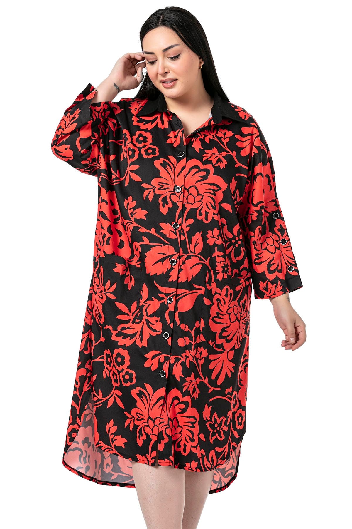 Plus Size Shirt Collar Bag Pocket Sleeve Detailed Asymmetrical Red Floral Shirt Dress