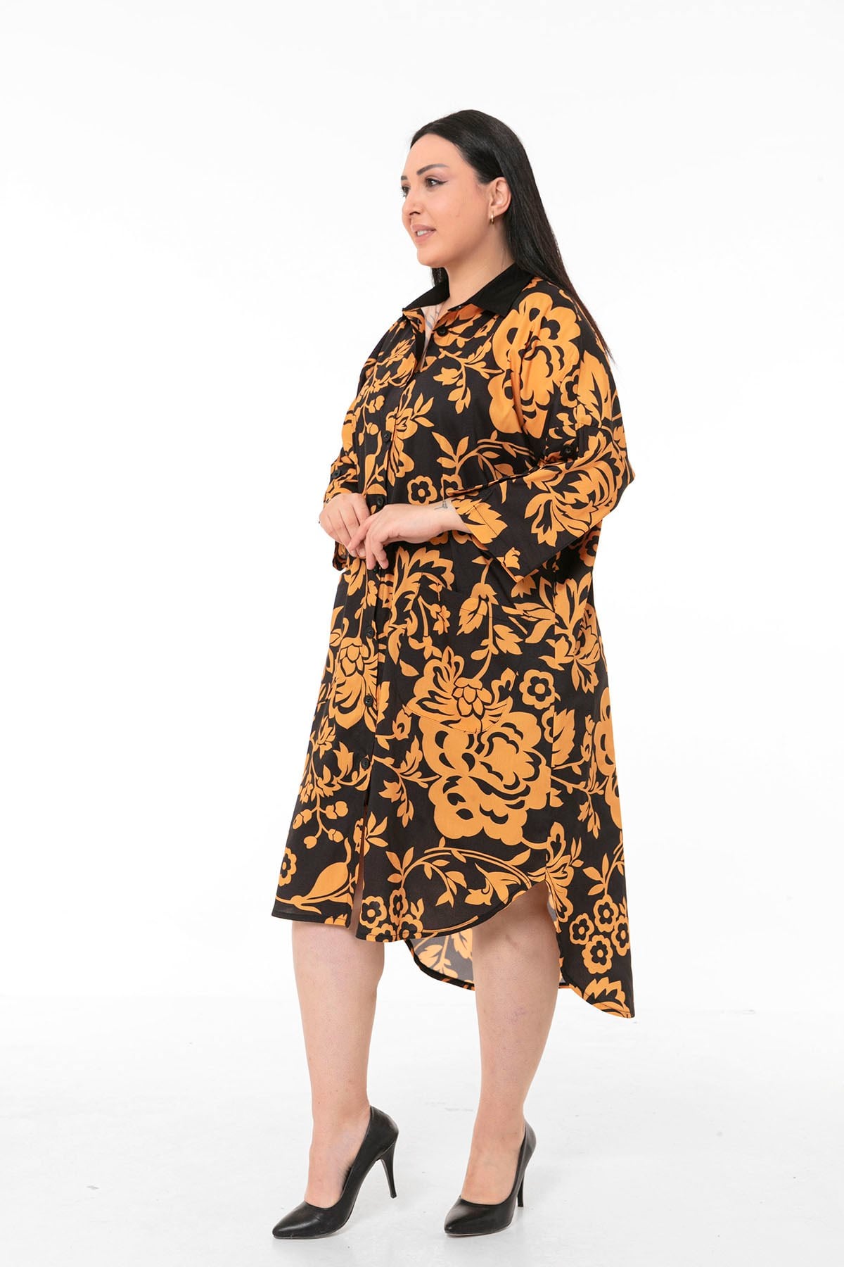 Plus Size Shirt Collar Bag Pocket Sleeve Detailed Asymmetrical Mustard Floral Shirt Dress