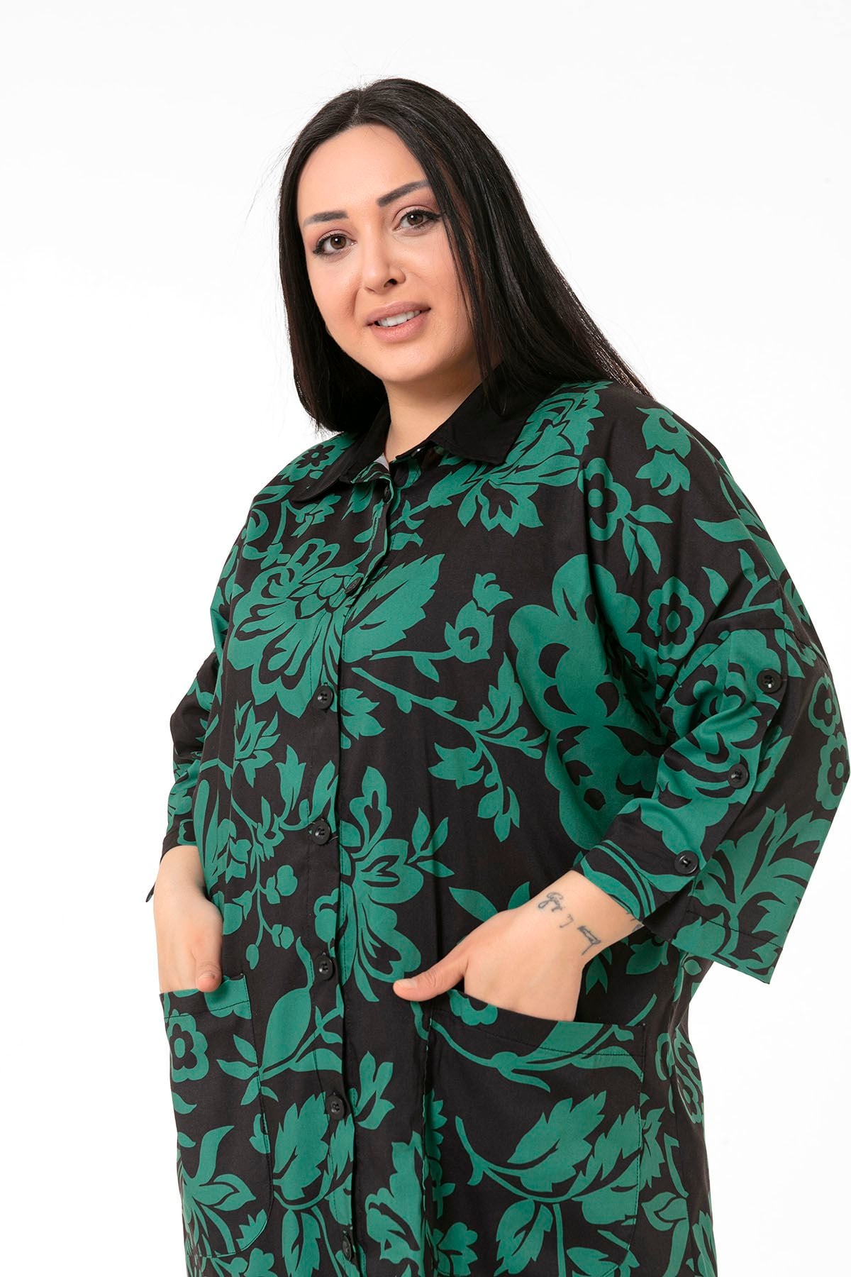 Plus Size Shirt Collar Bag Pocket Sleeve Detailed Asymmetrical Green Floral Shirt Dress